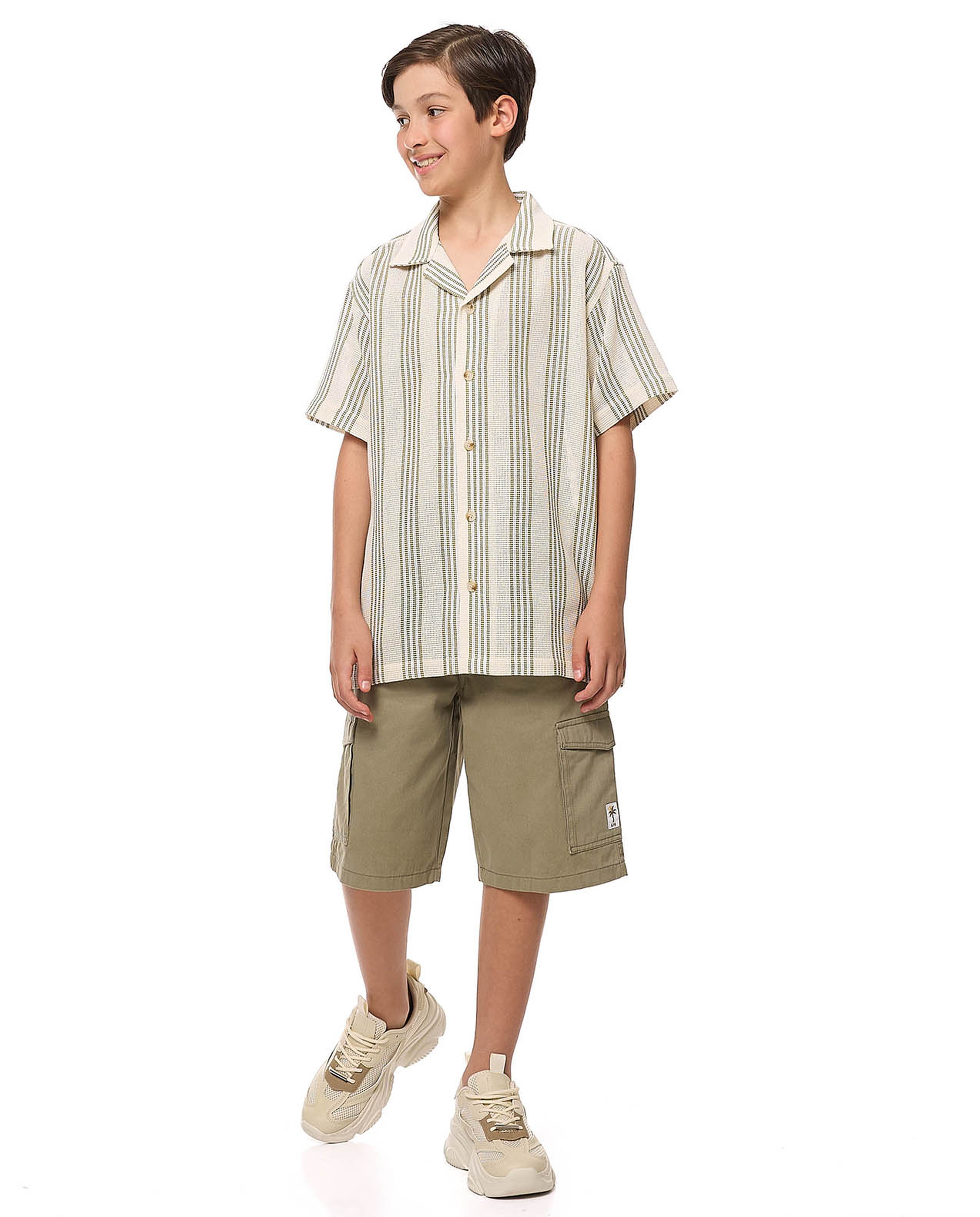 Striped Shirt with Revere Collar and Short Sleeves