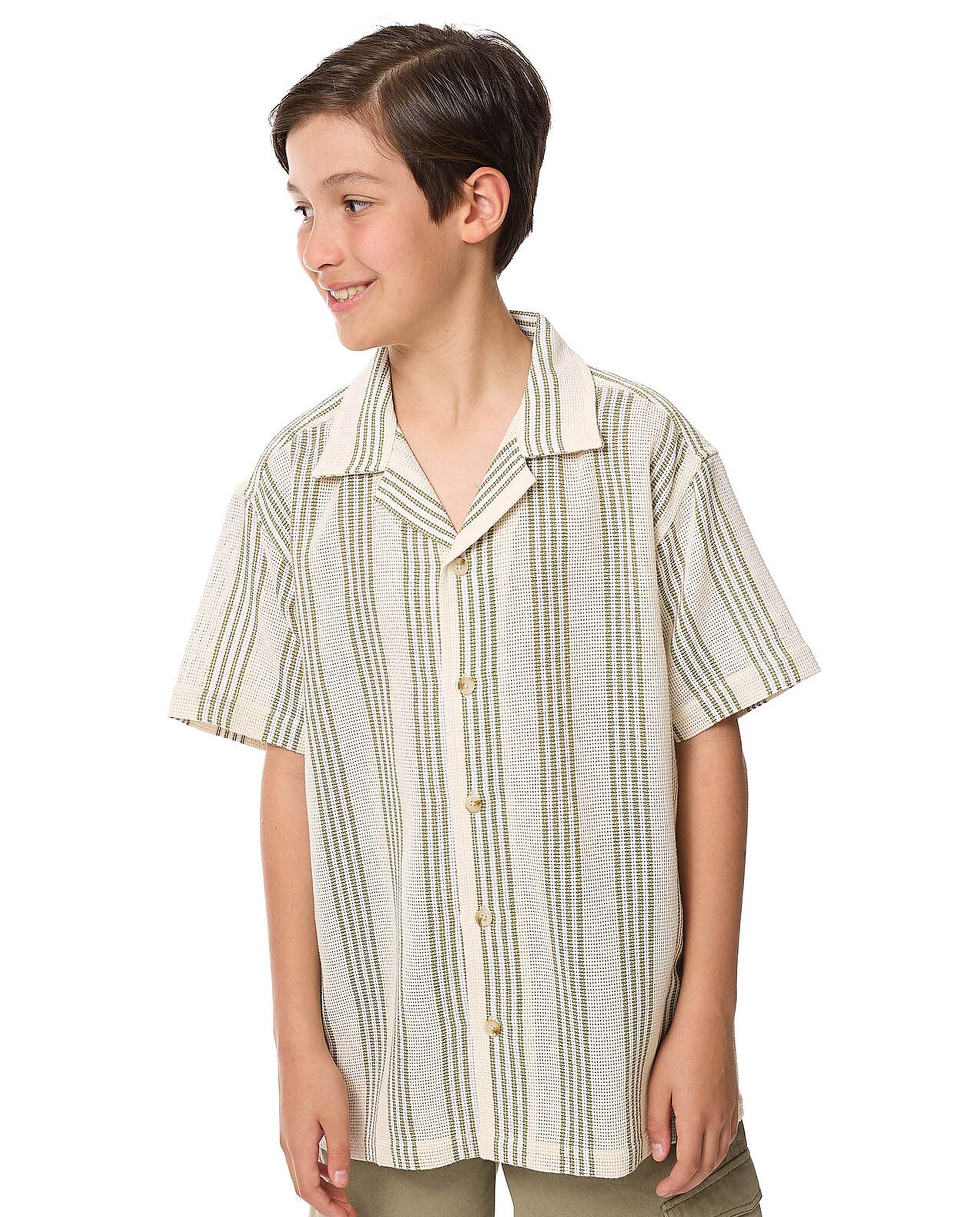 Striped Shirt with Revere Collar and Short Sleeves