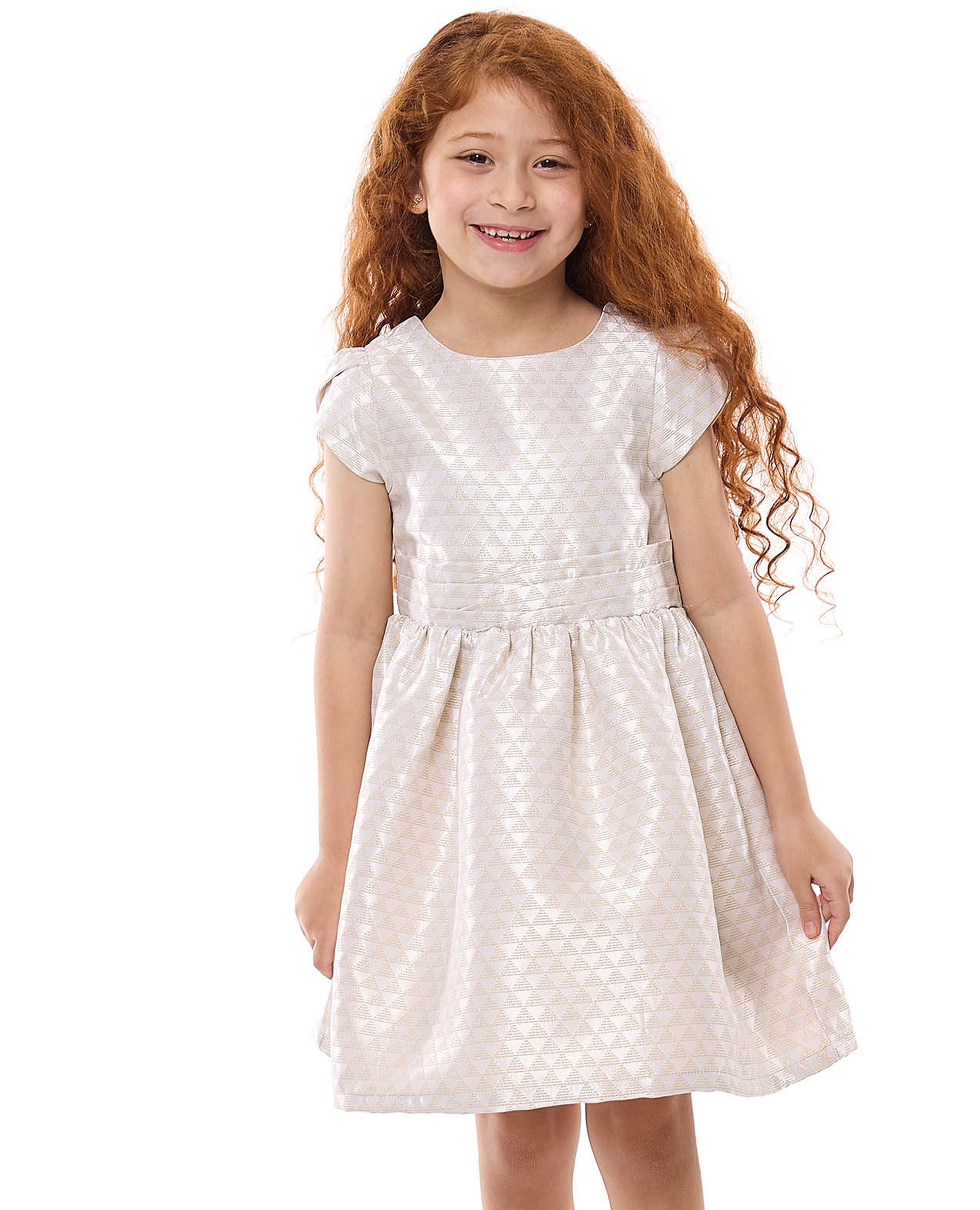 Woven Flared Dress with Crew Neck and Cap Sleeves