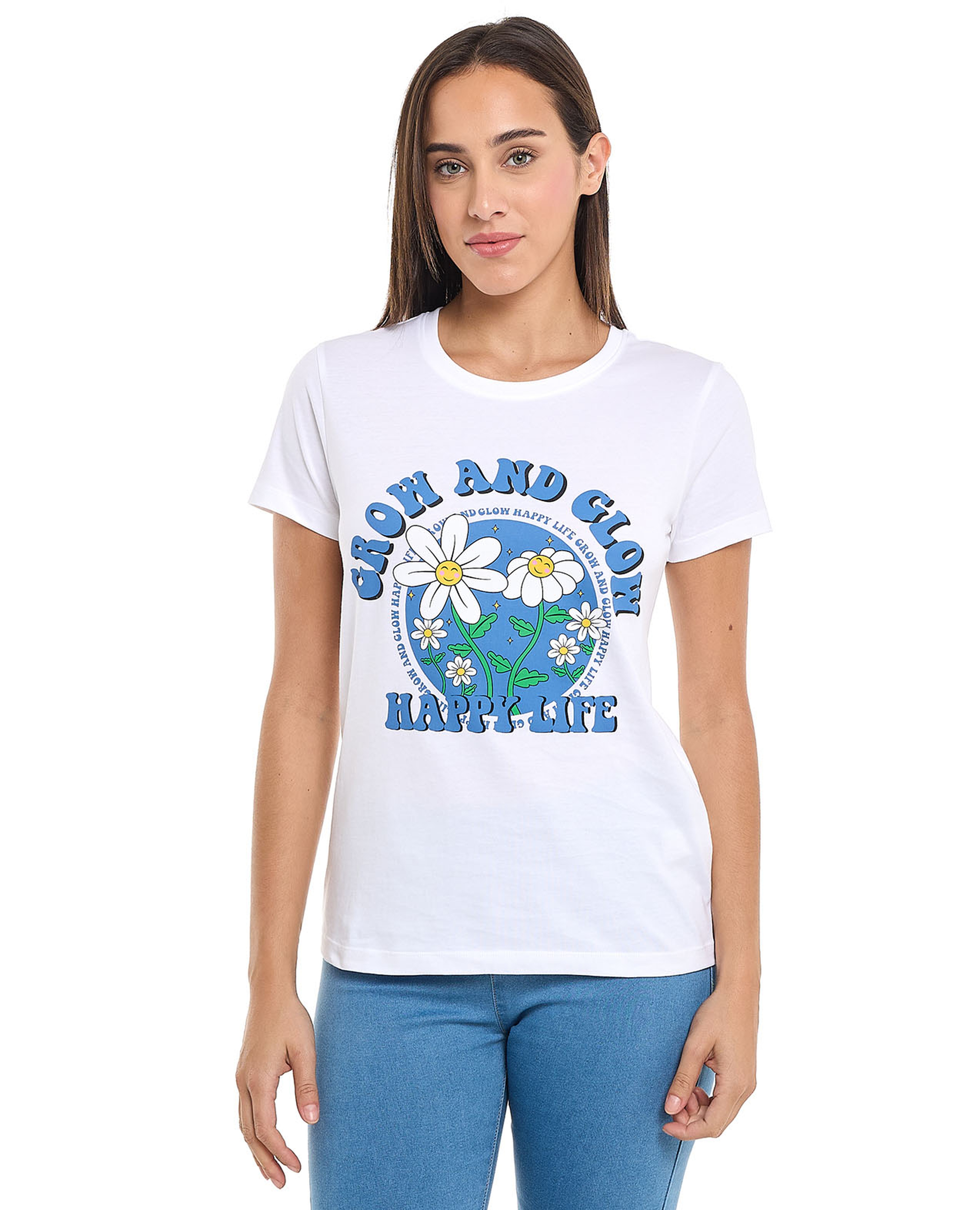 تيشيرت مطبوع بياقة مستديرة وأكمام قصيرة