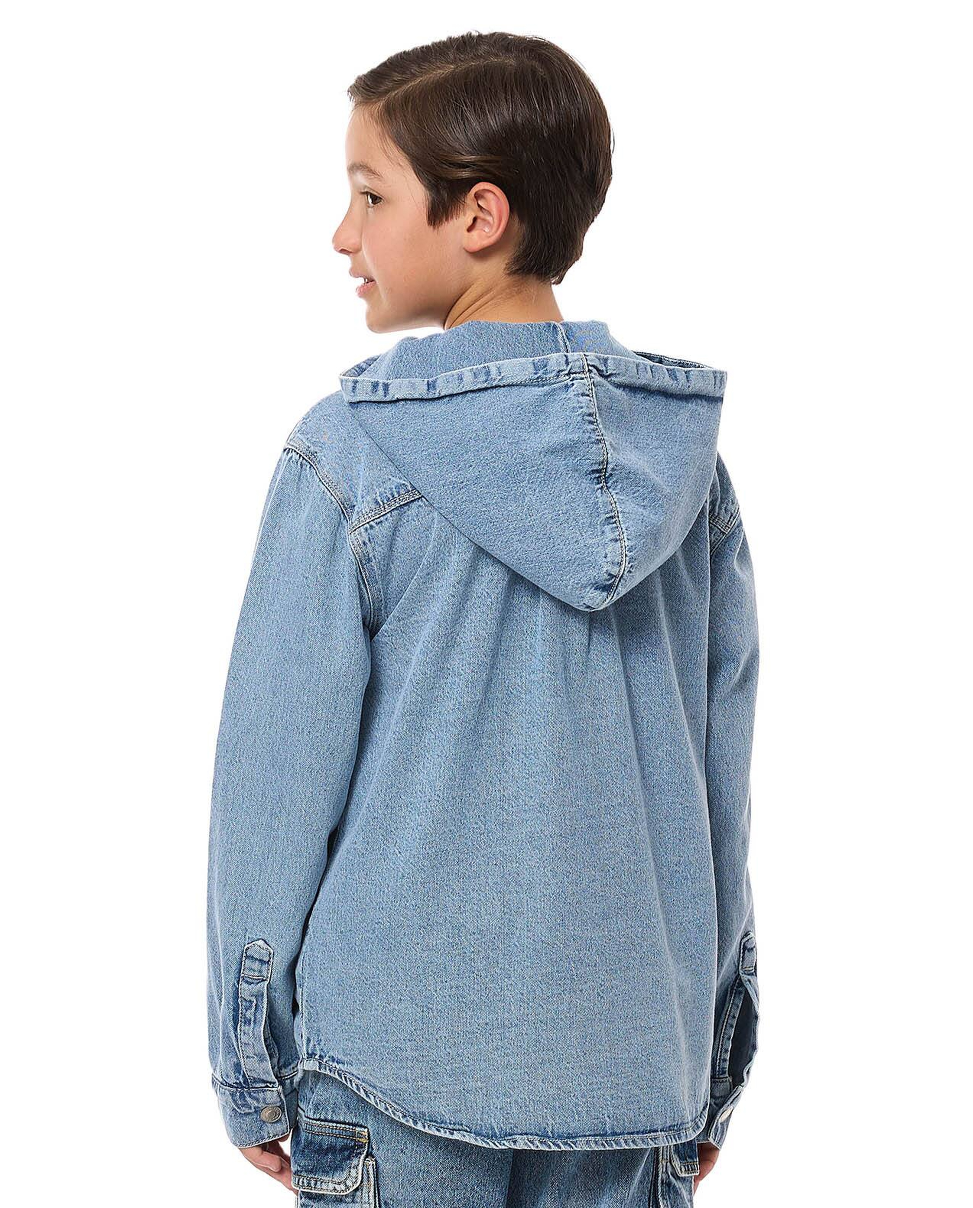 Faded Hooded Denim Shirt with Long Sleeves