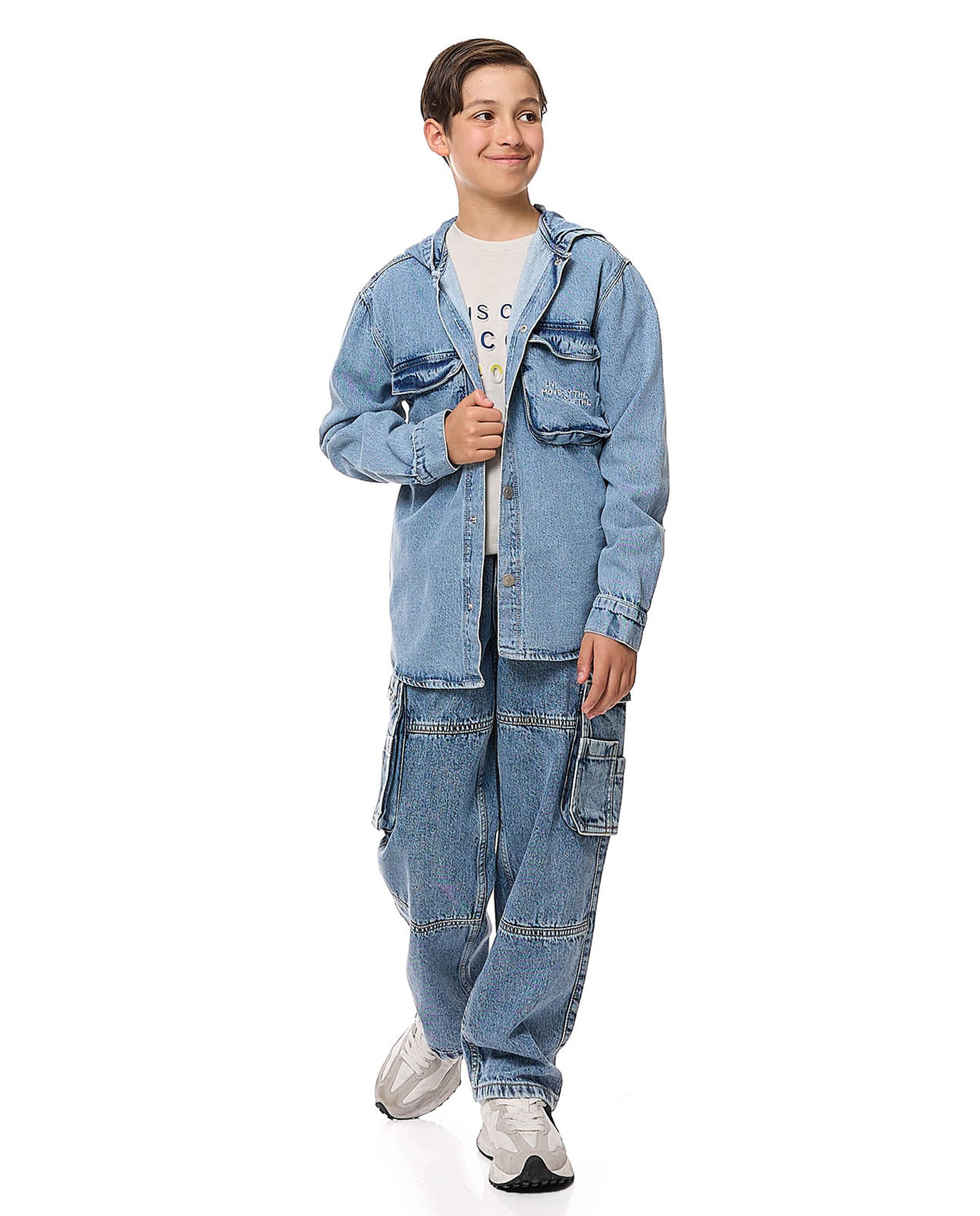 Faded Hooded Denim Shirt with Long Sleeves