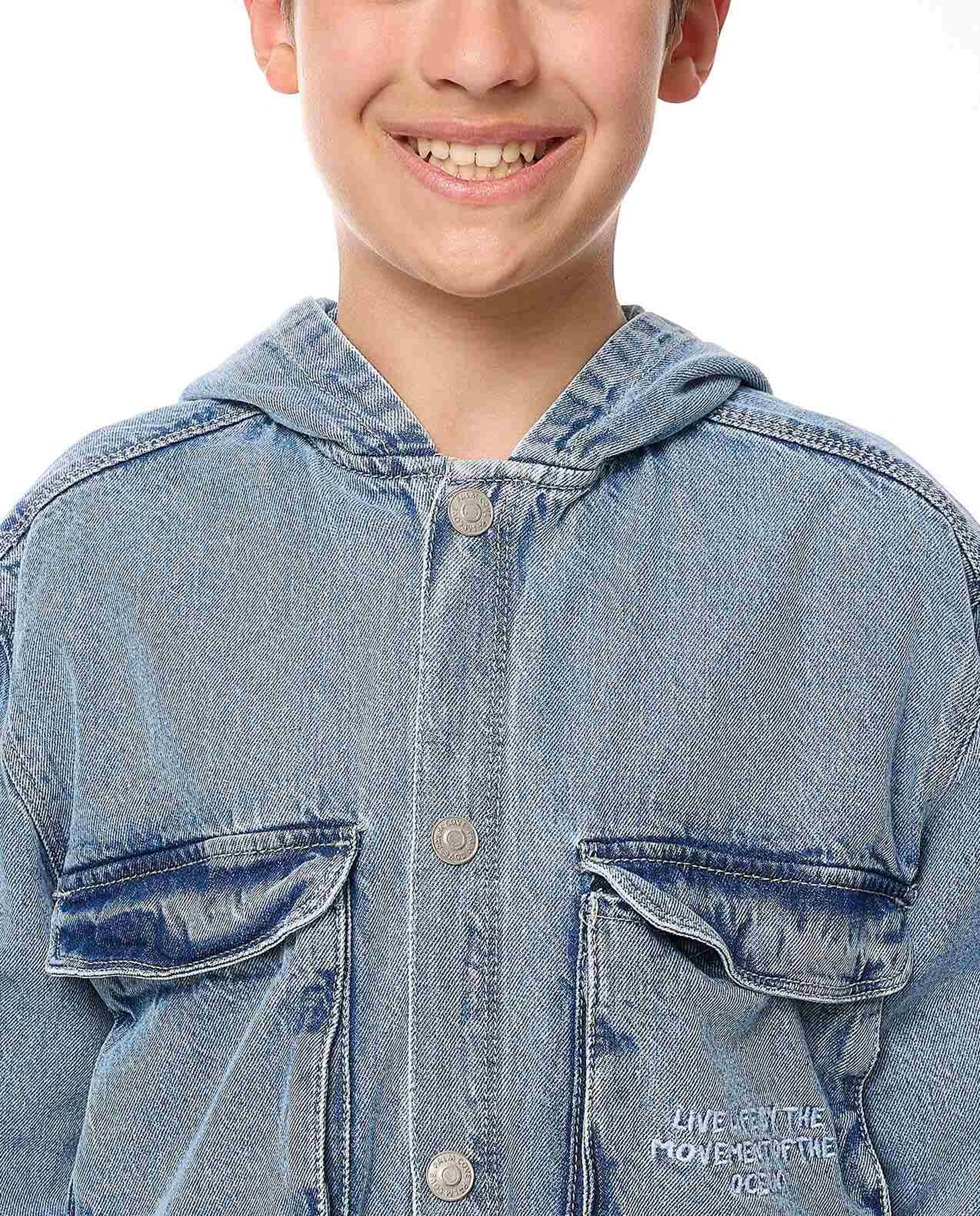 Faded Hooded Denim Shirt with Long Sleeves