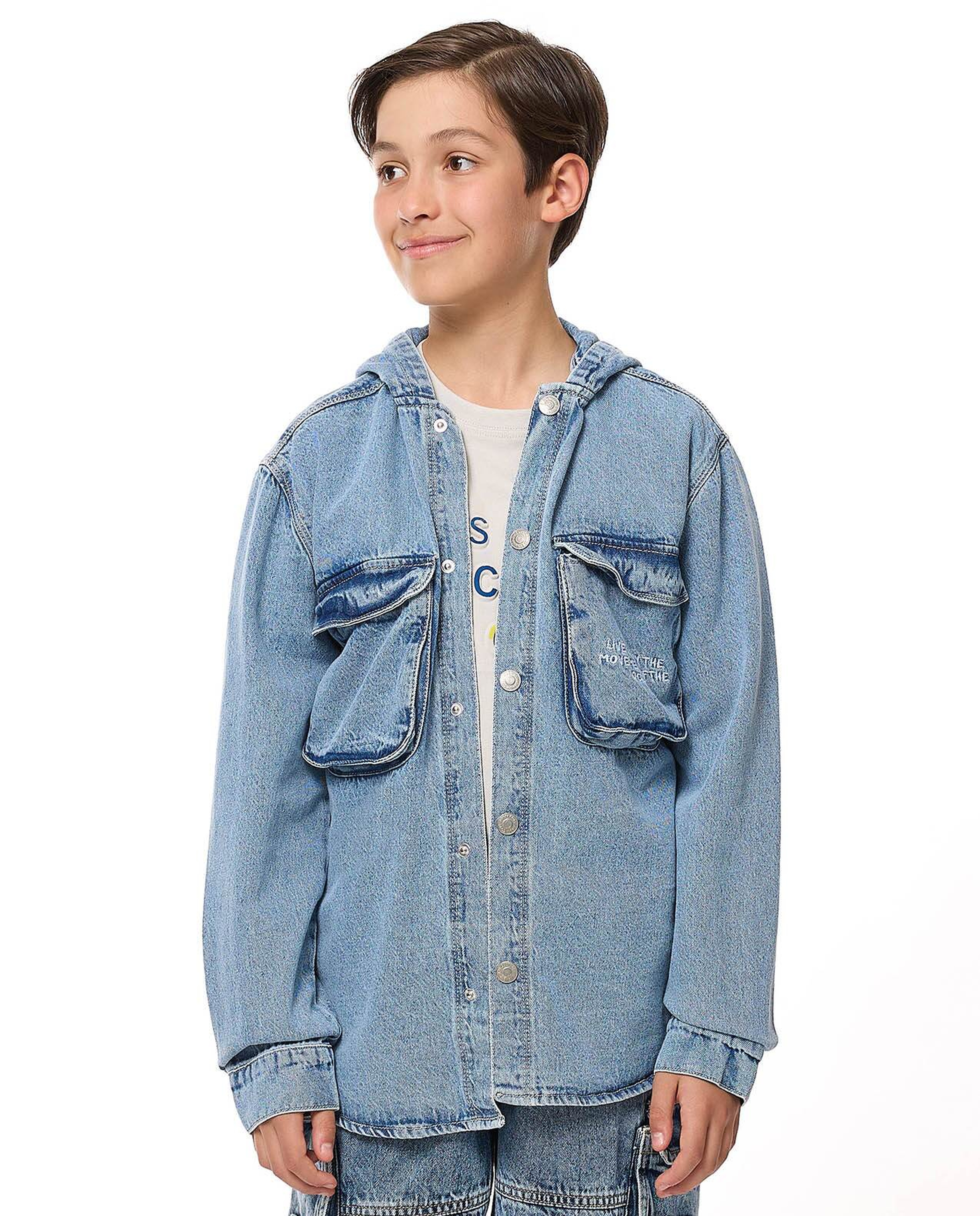 Faded Hooded Denim Shirt with Long Sleeves