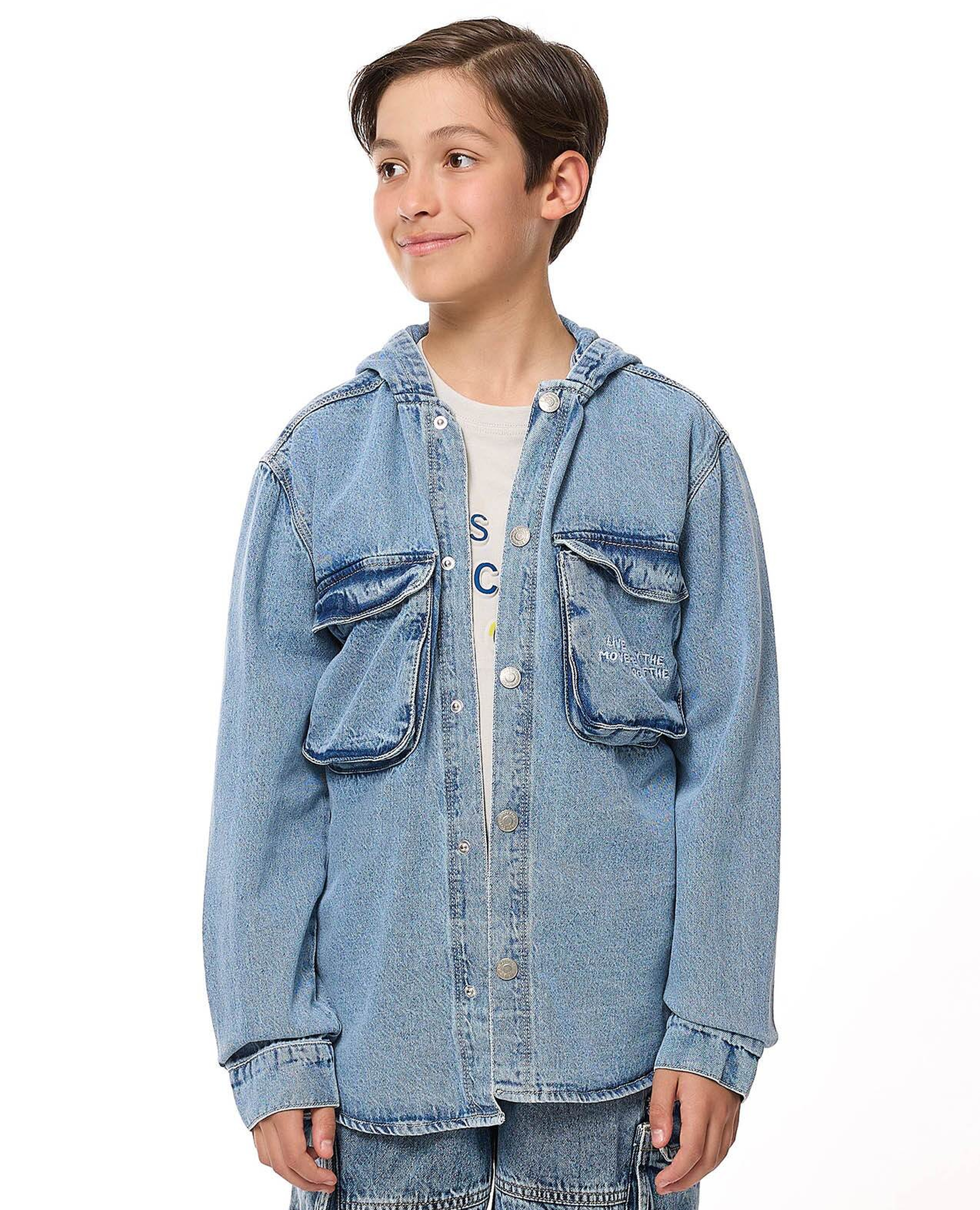 Faded Hooded Denim Shirt with Long Sleeves