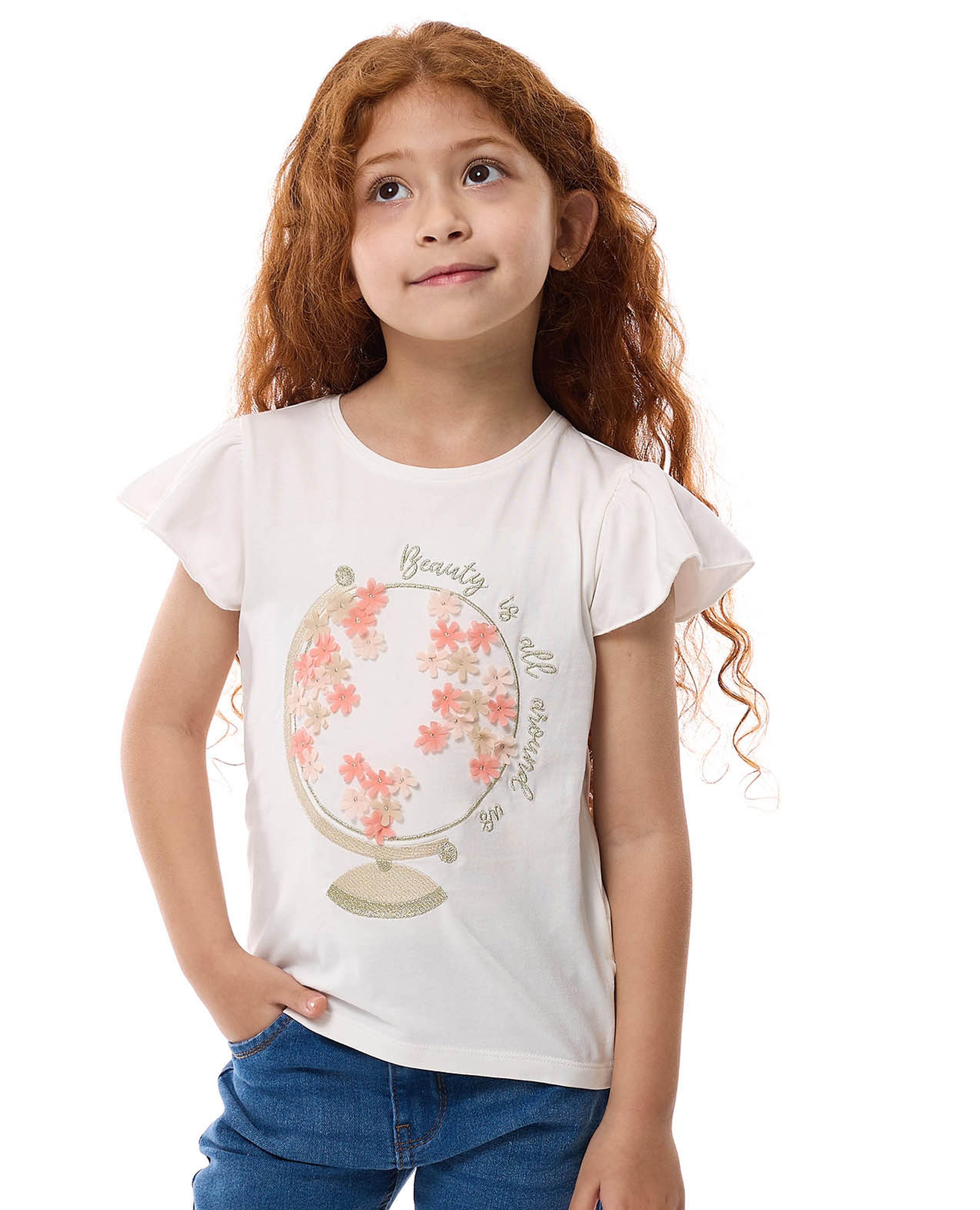 توب مطبوع بياقة مستديرة وأكمام فلاتر