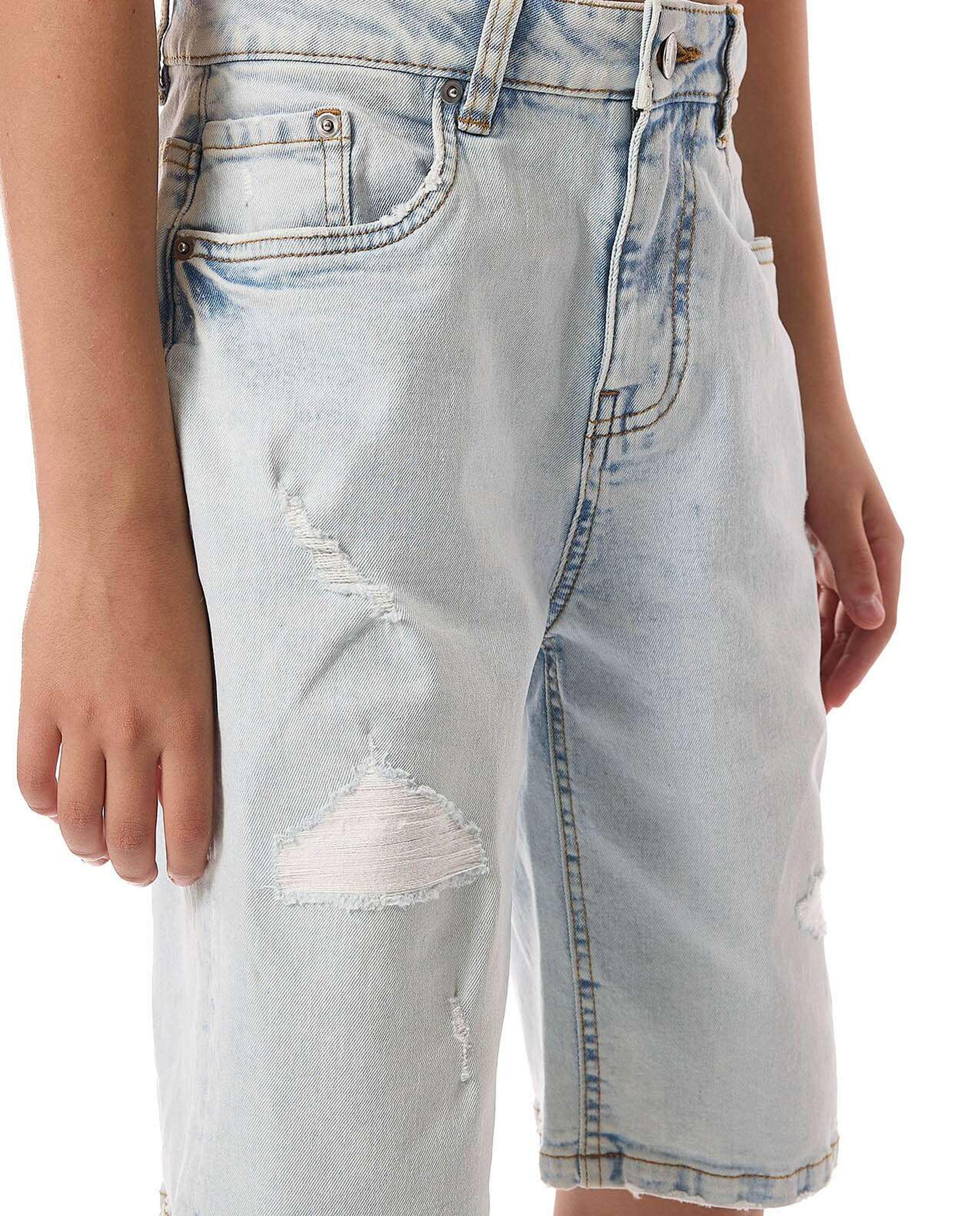 Faded Denim Shorts with Button Closure