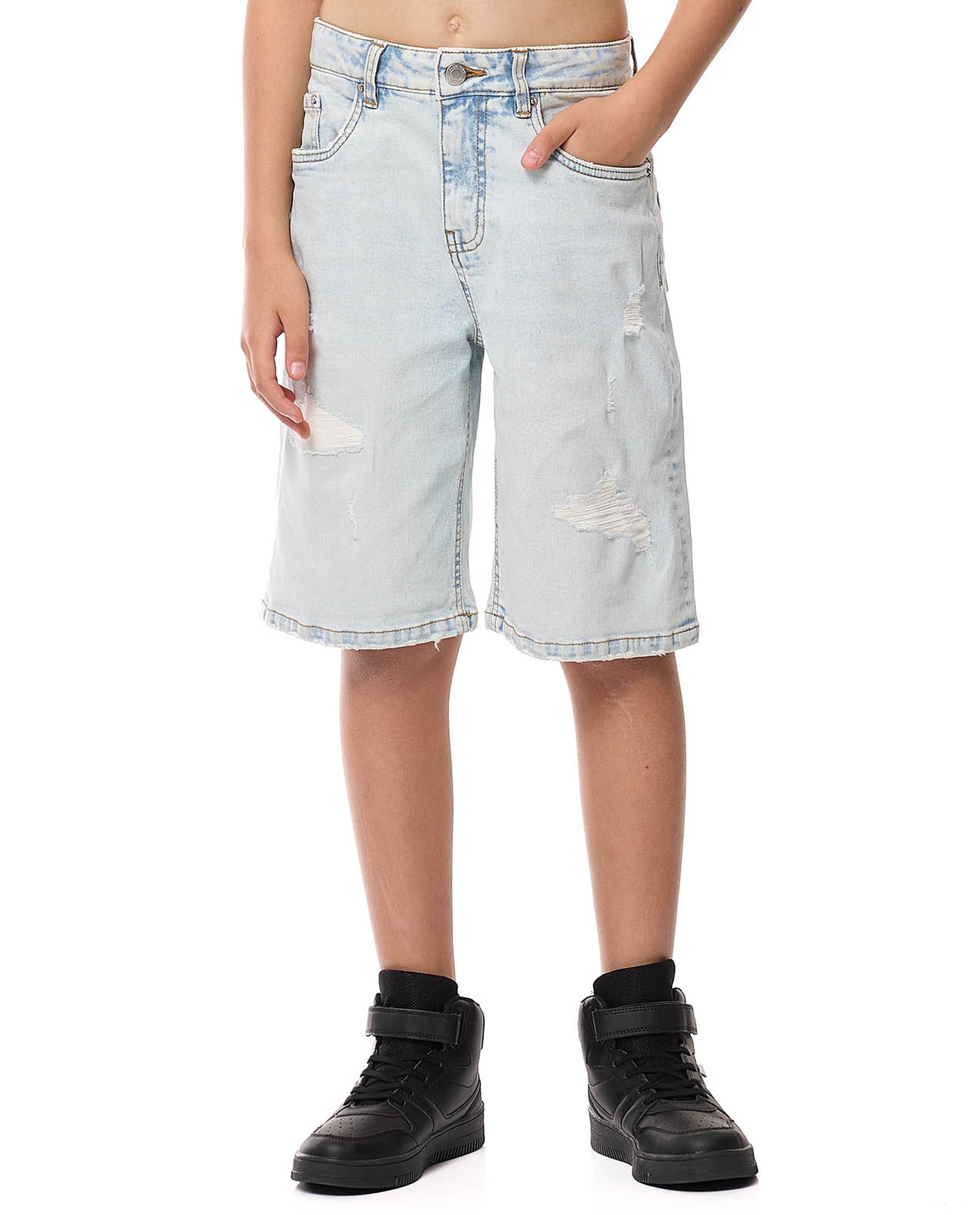 Faded Denim Shorts with Button Closure