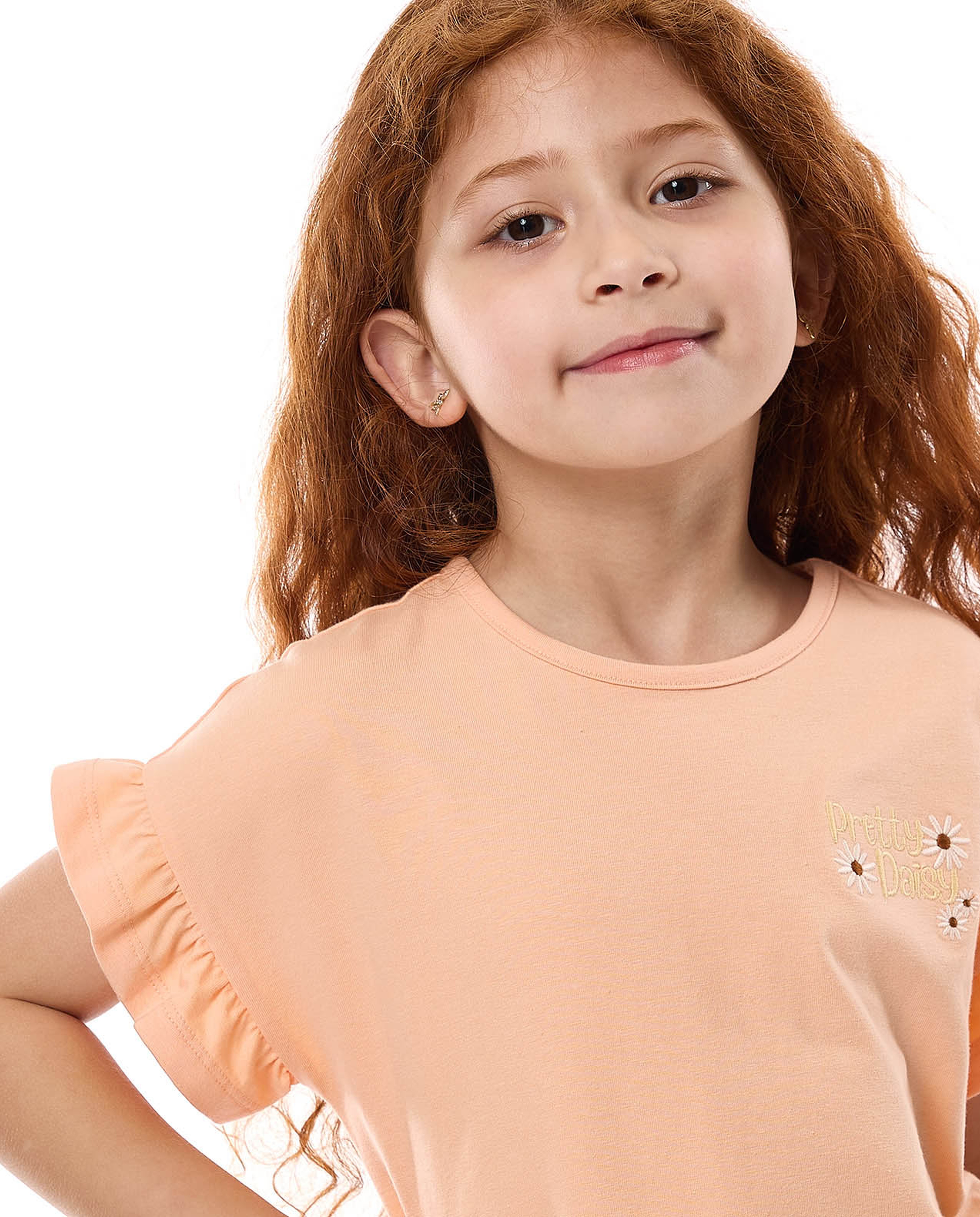 Embroidery Detail Top with Crew Neck and Short Sleeves