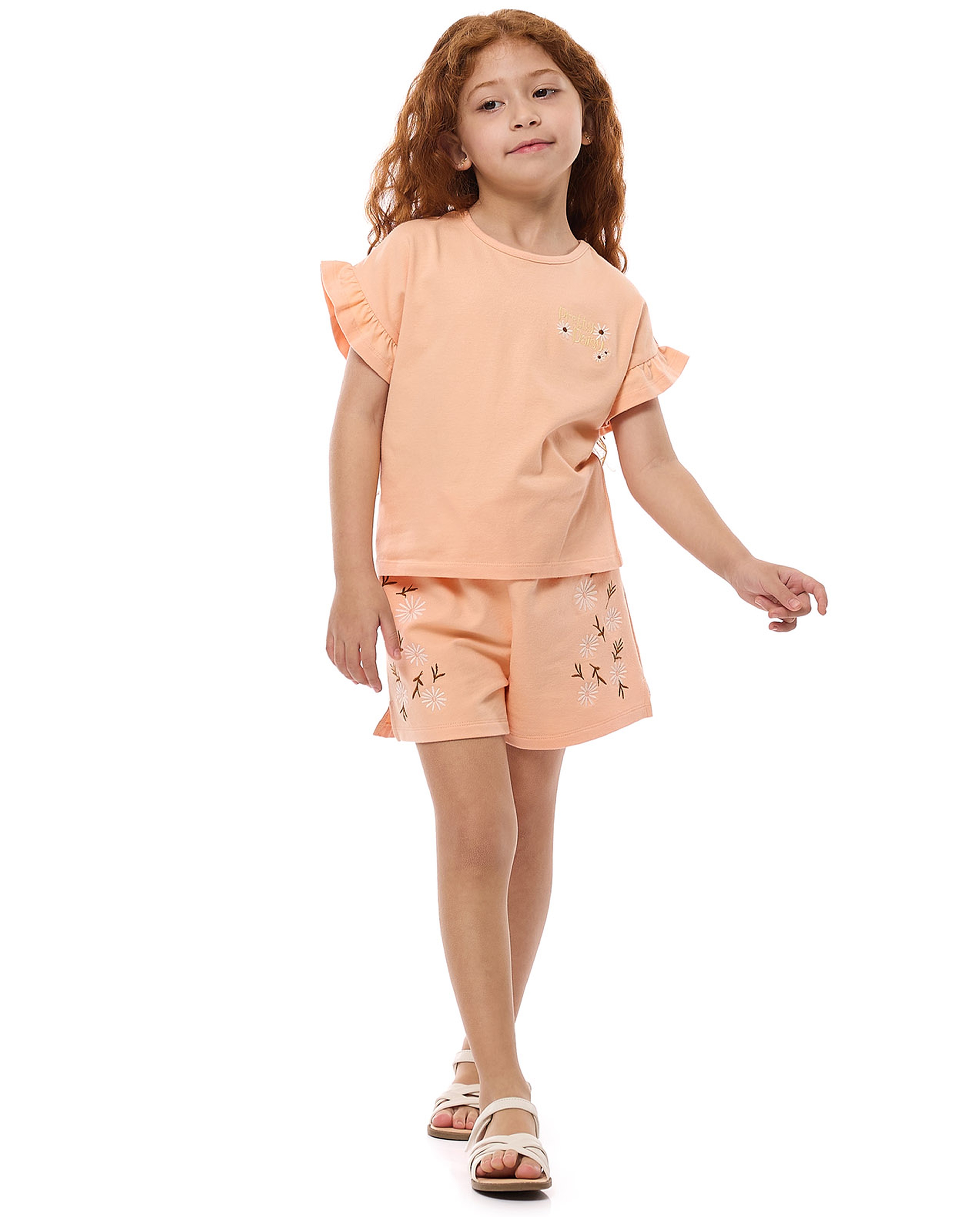 Embroidery Detail Top with Crew Neck and Short Sleeves