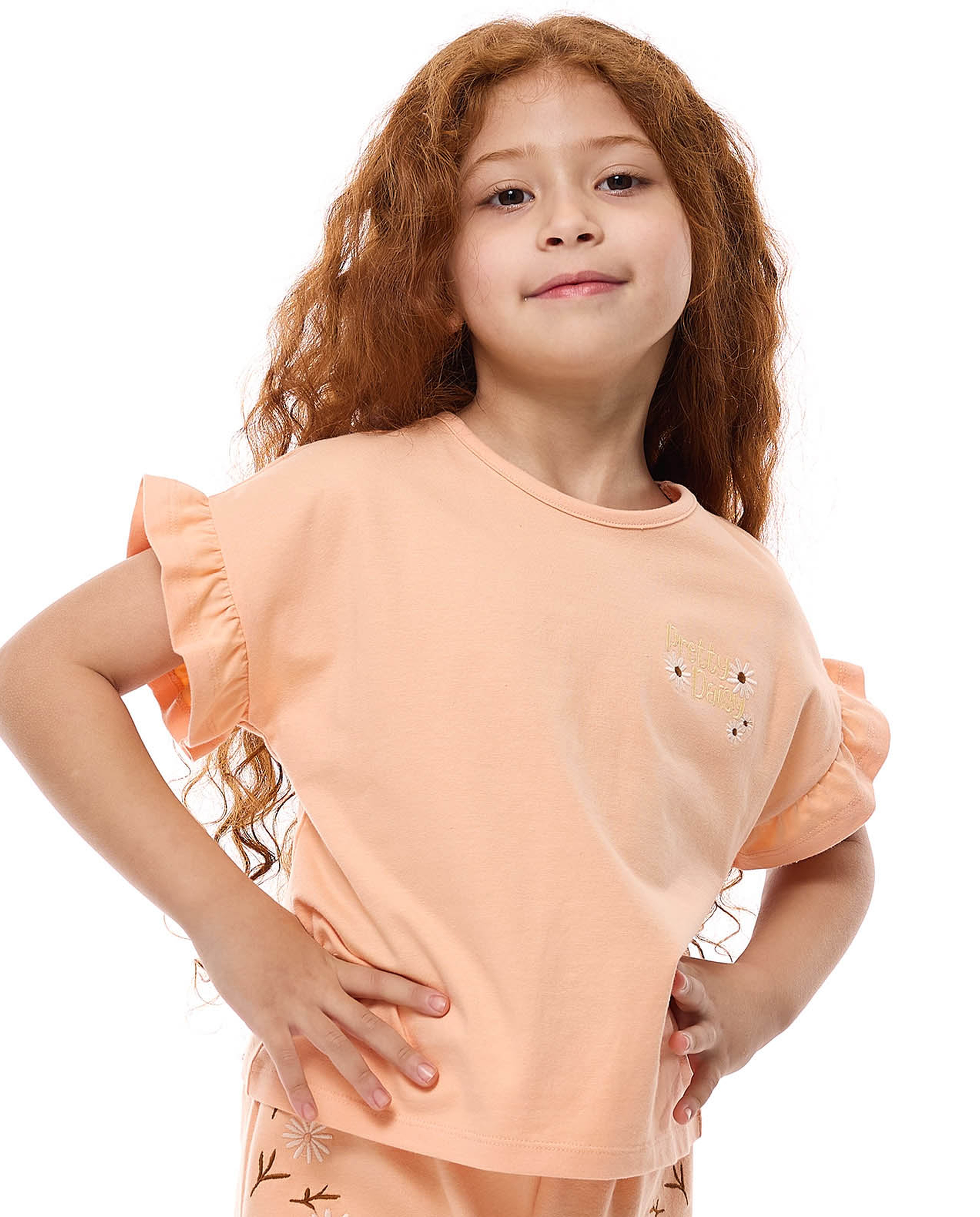 Embroidery Detail Top with Crew Neck and Short Sleeves