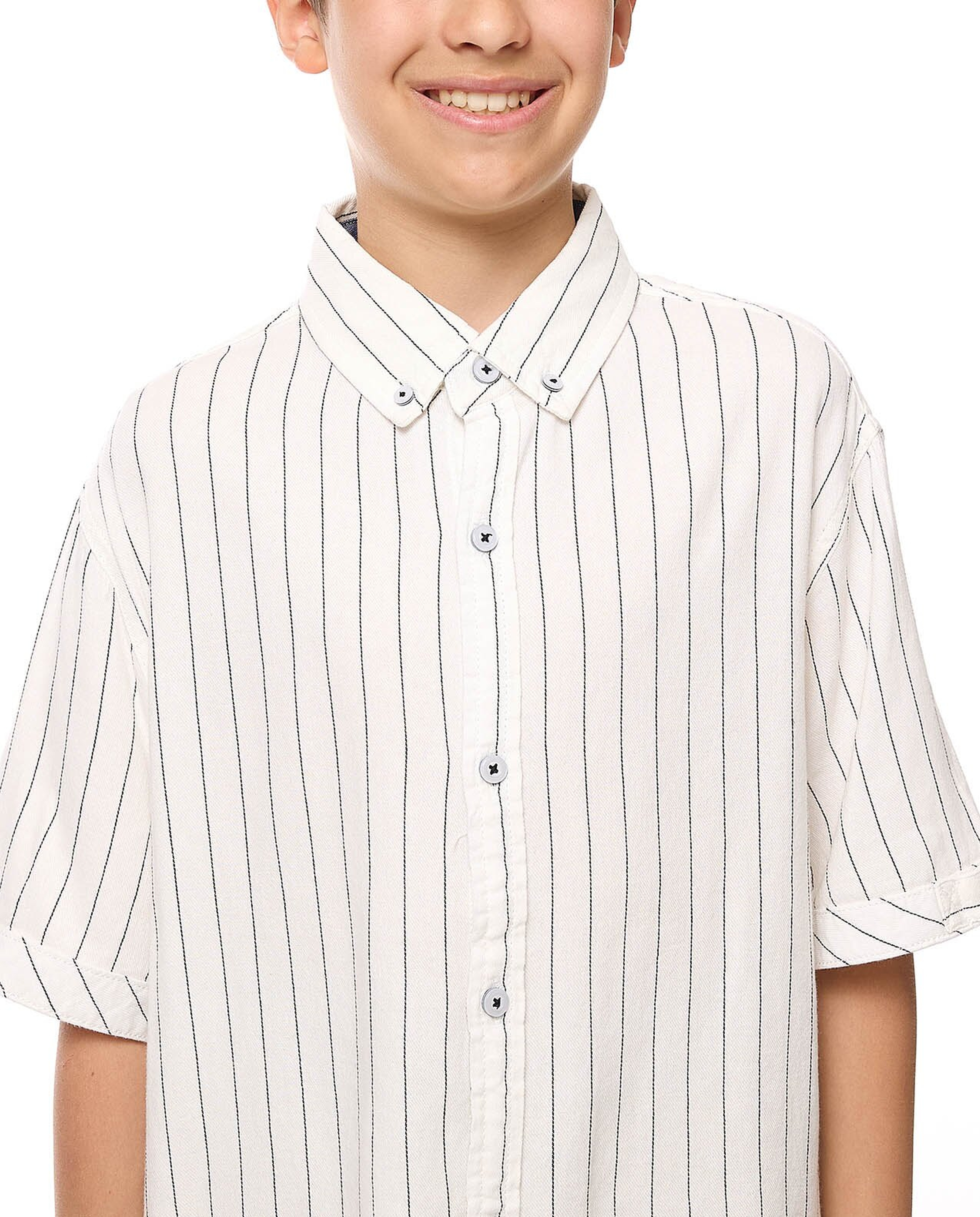 Striped Shirt with Button-Down Collar and Short Sleeves