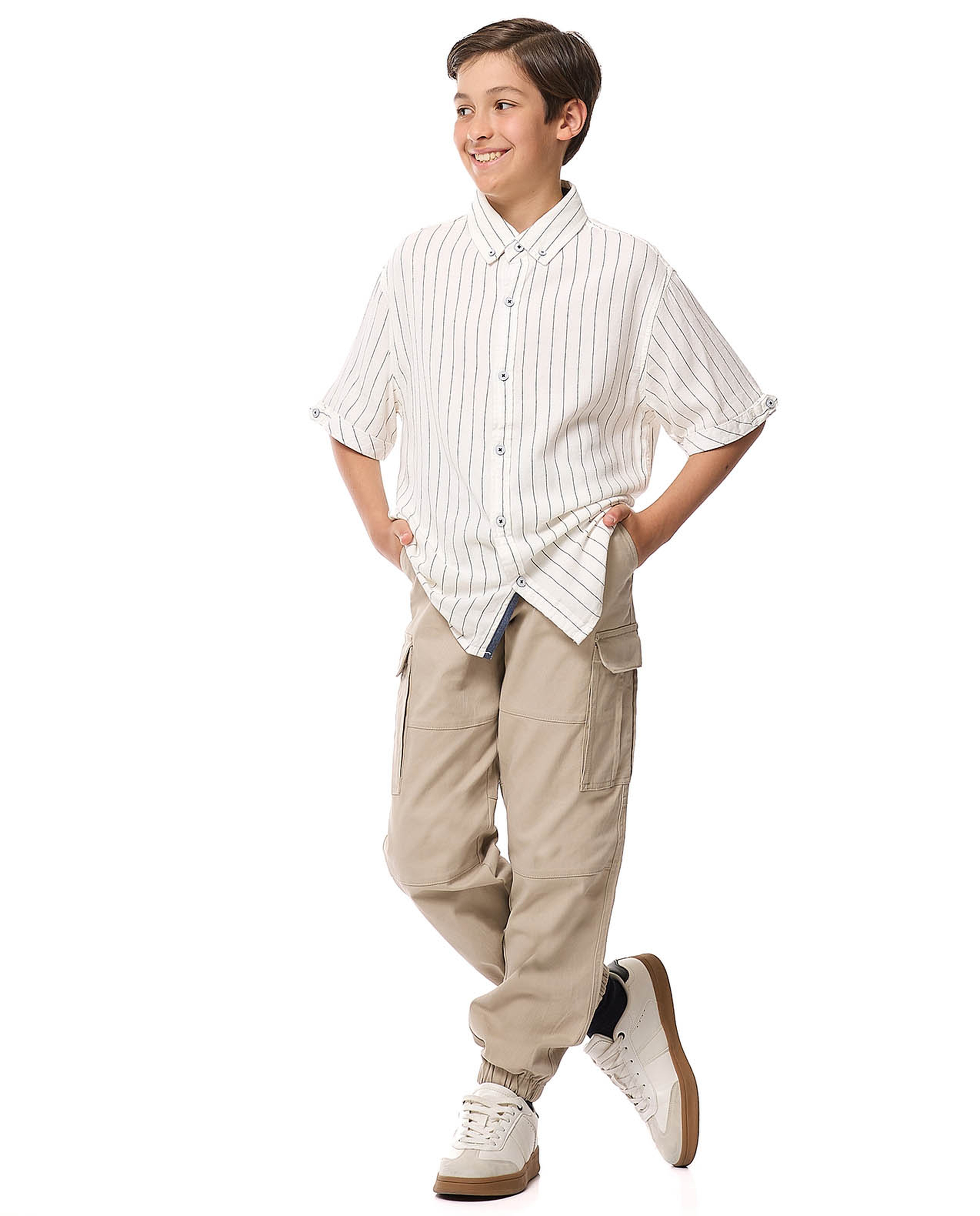 Striped Shirt with Button-Down Collar and Short Sleeves