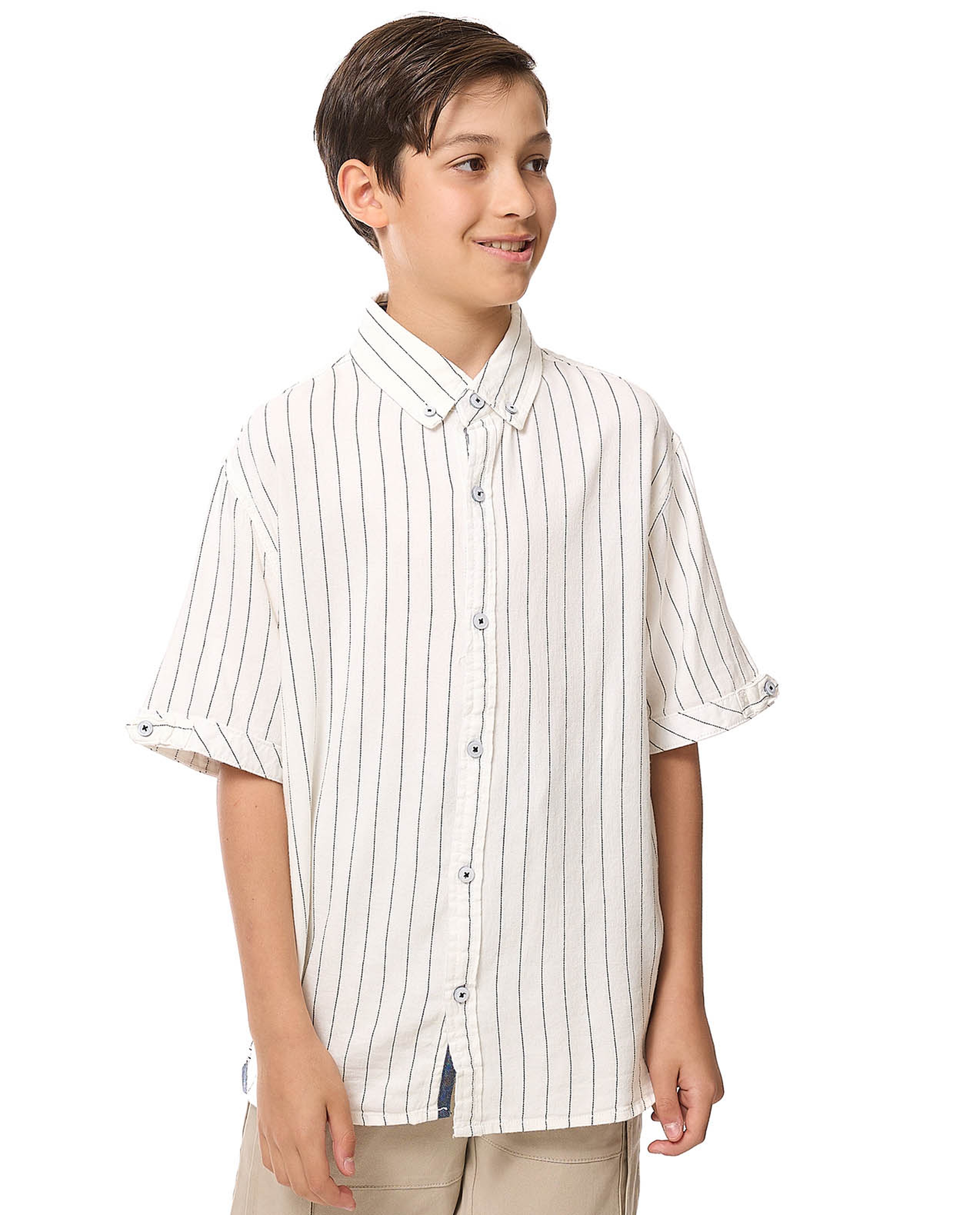 Striped Shirt with Button-Down Collar and Short Sleeves