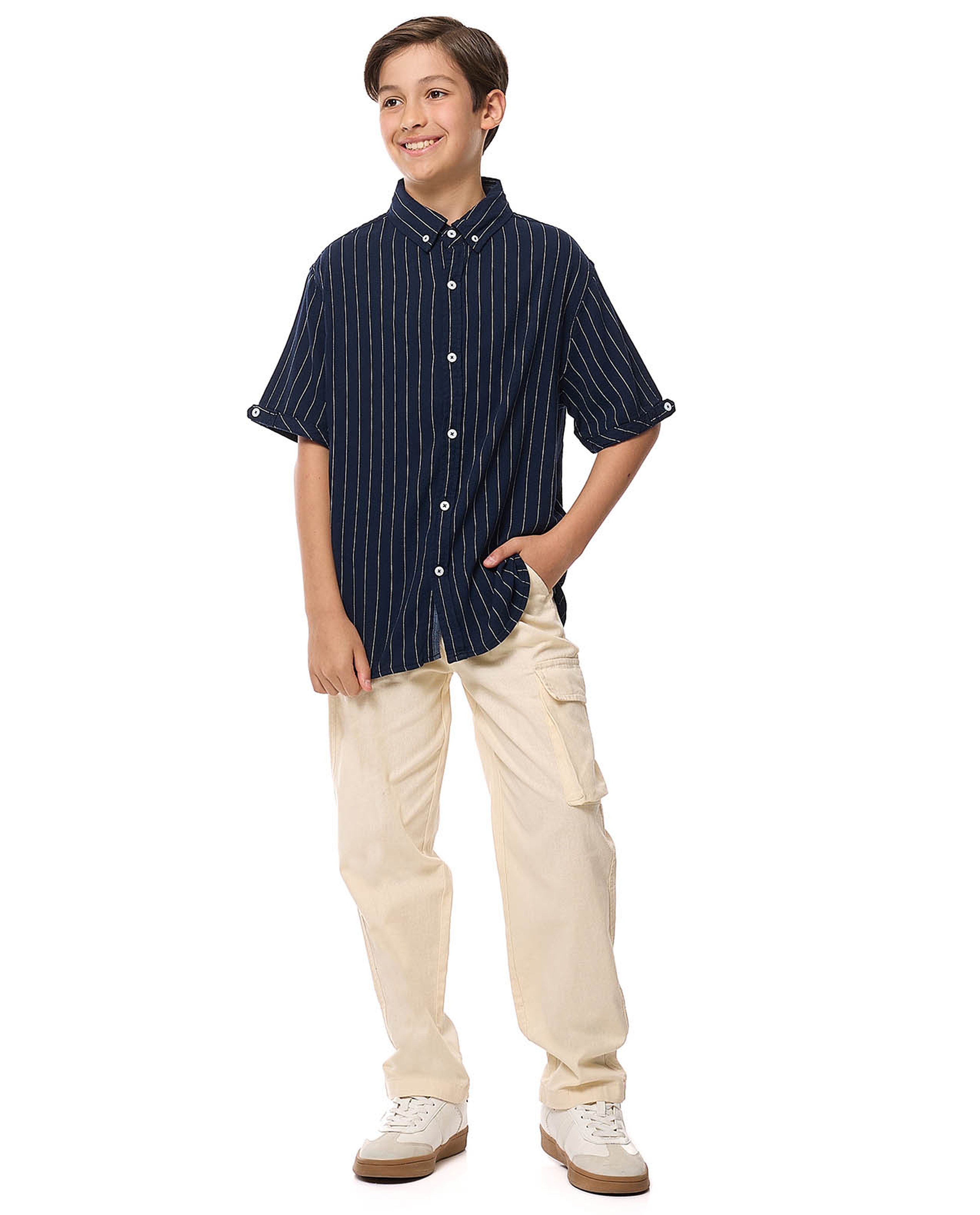 Striped Shirt with Button-Down Collar and Short Sleeves