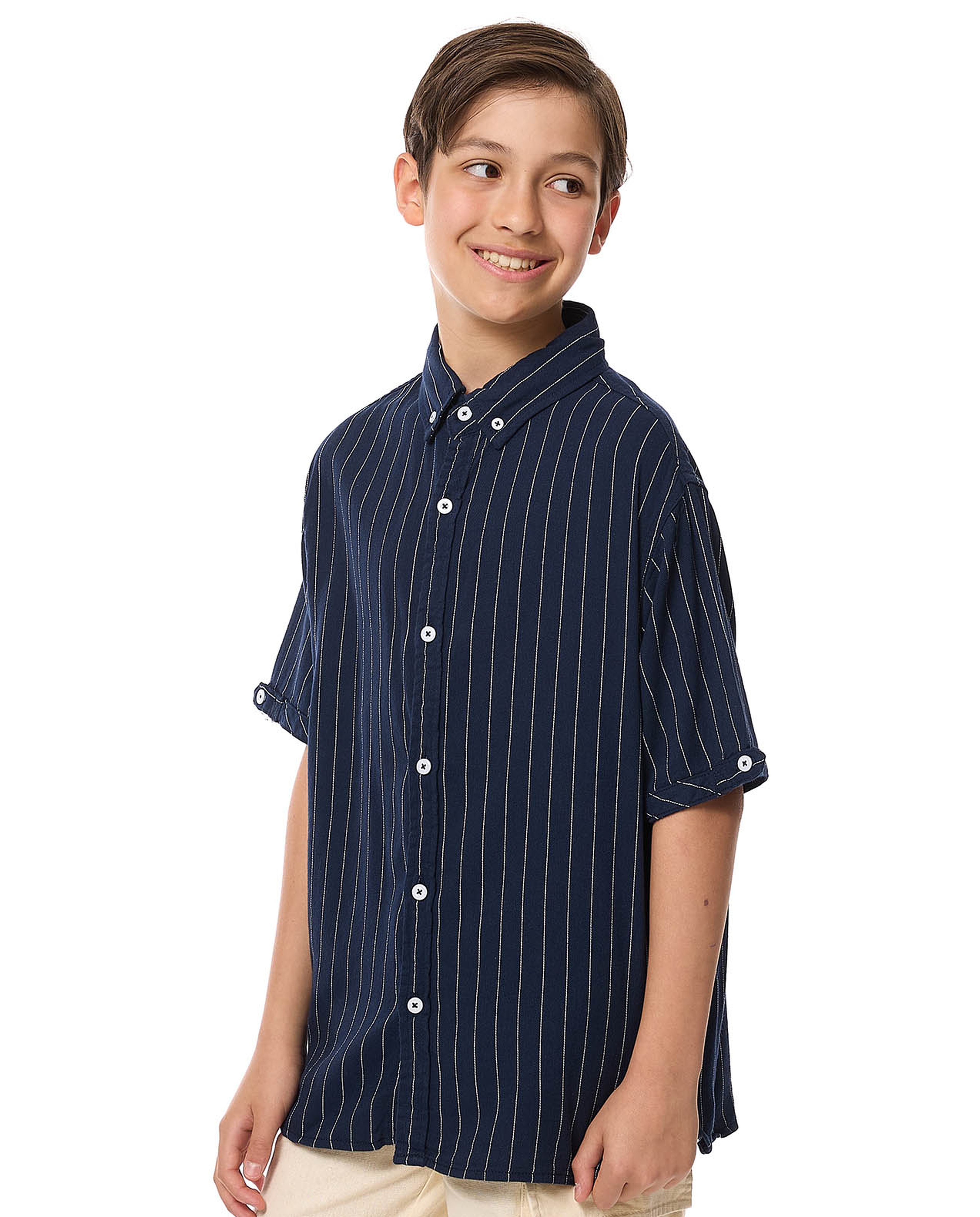 Striped Shirt with Button-Down Collar and Short Sleeves
