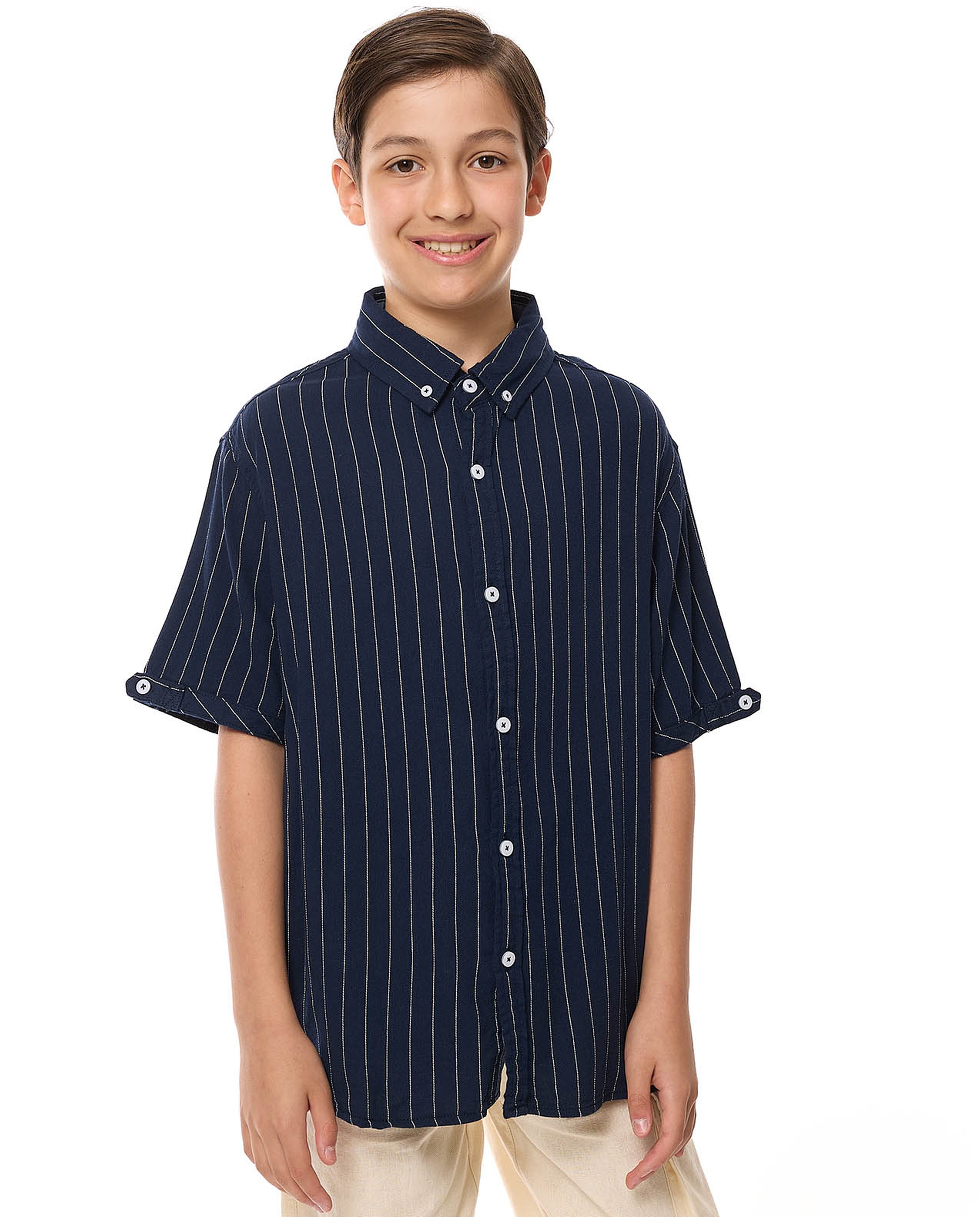 Striped Shirt with Button-Down Collar and Short Sleeves