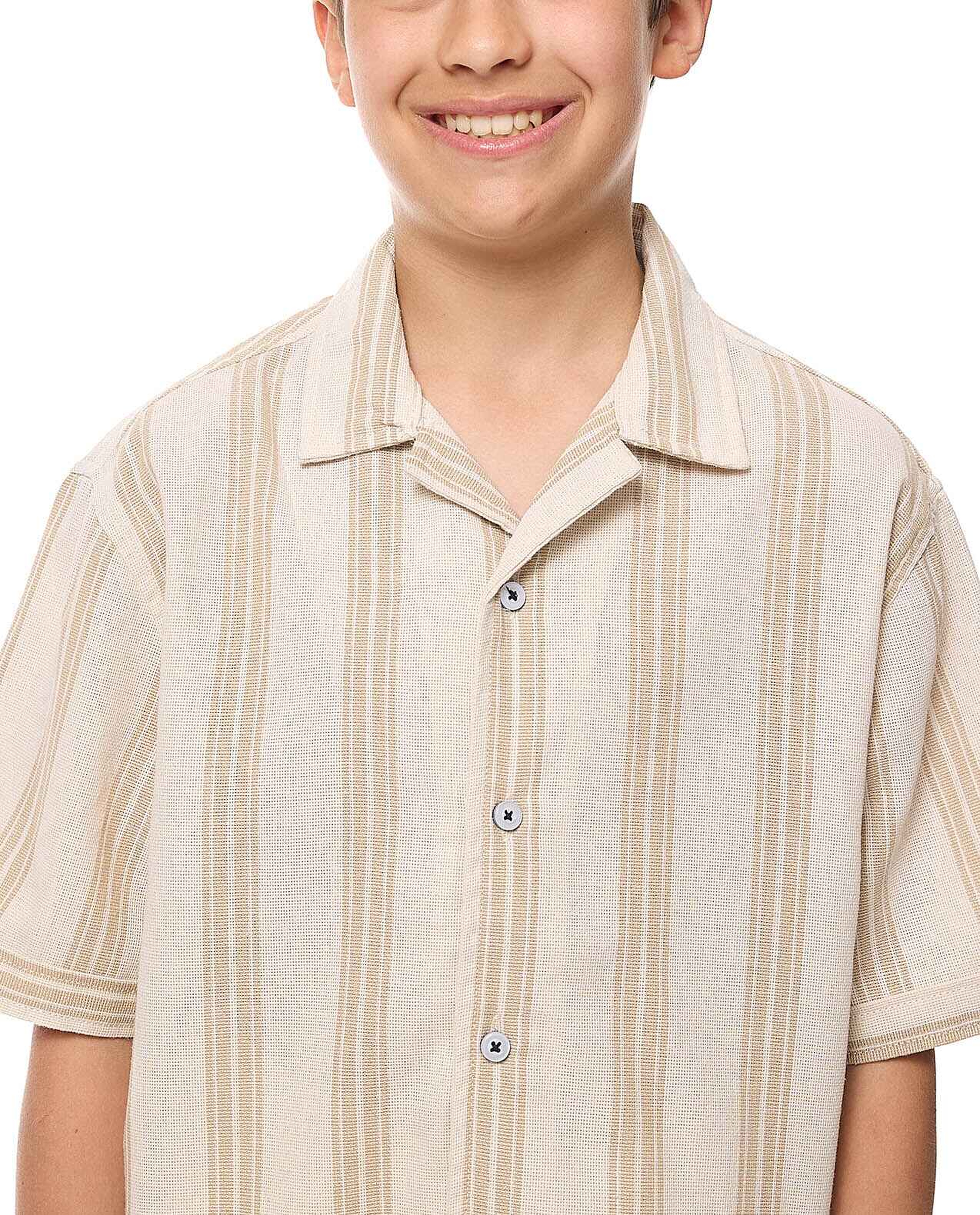 Striped Shirt with Revere Collar and Short Sleeves