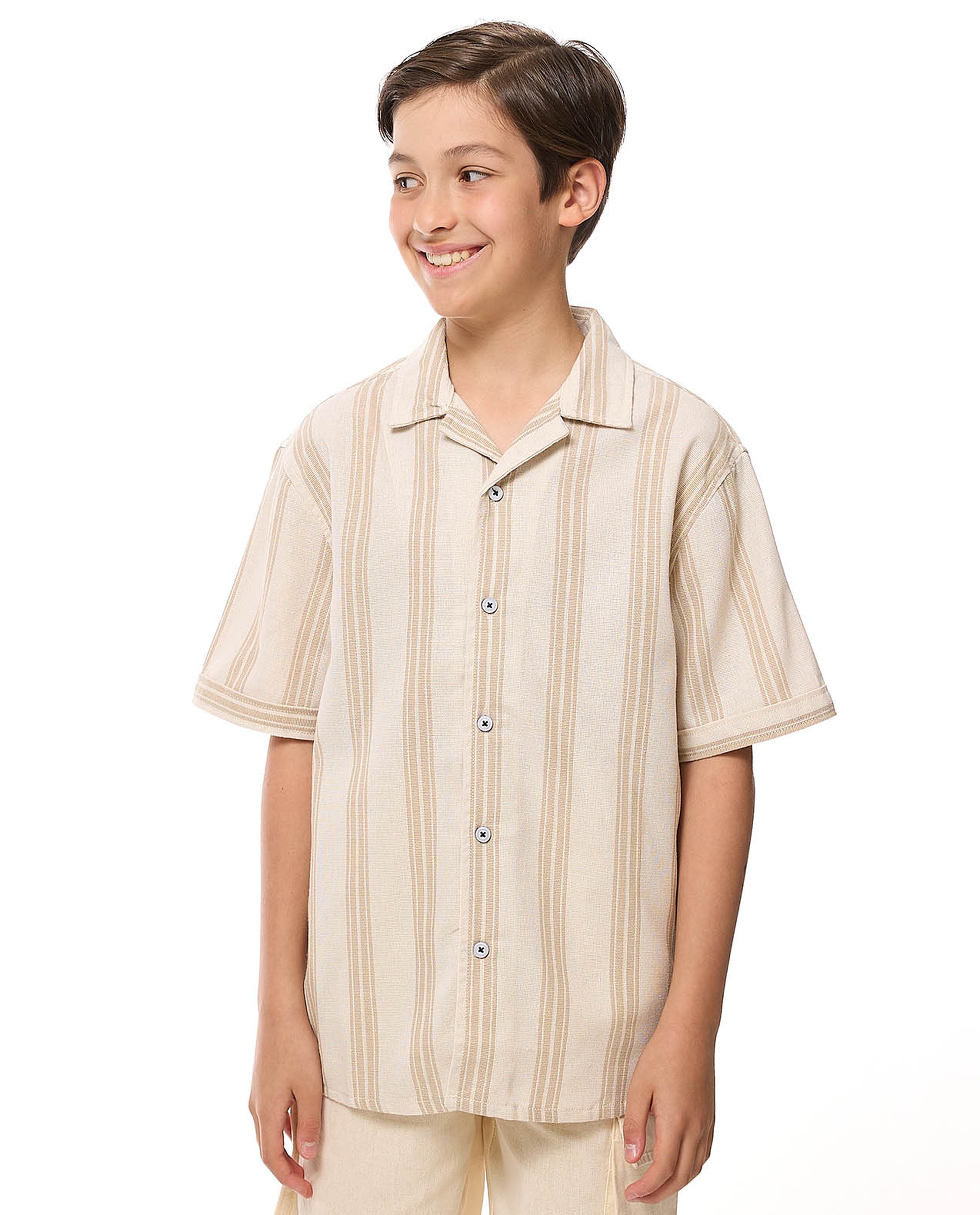 Striped Shirt with Revere Collar and Short Sleeves