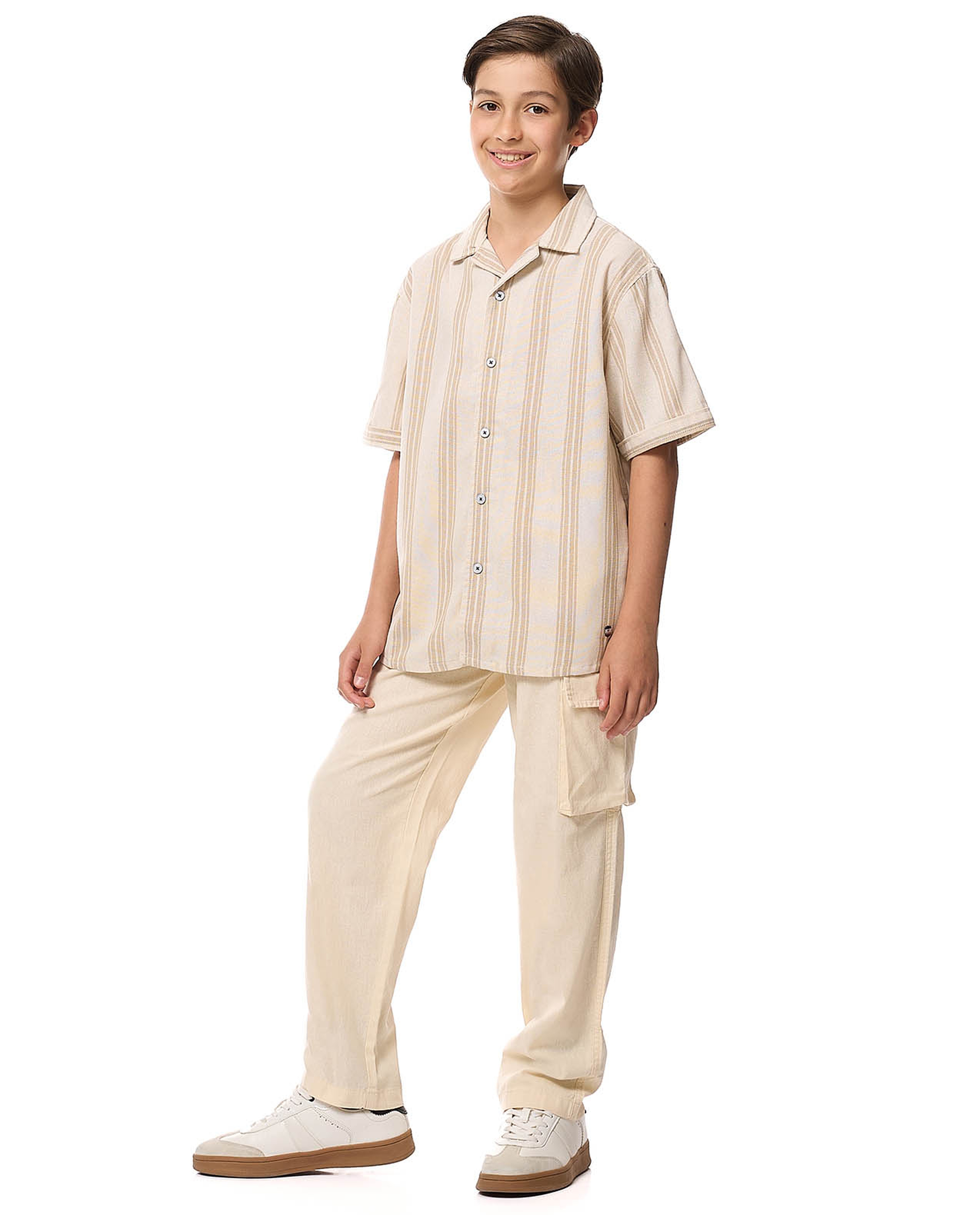 Striped Shirt with Revere Collar and Short Sleeves