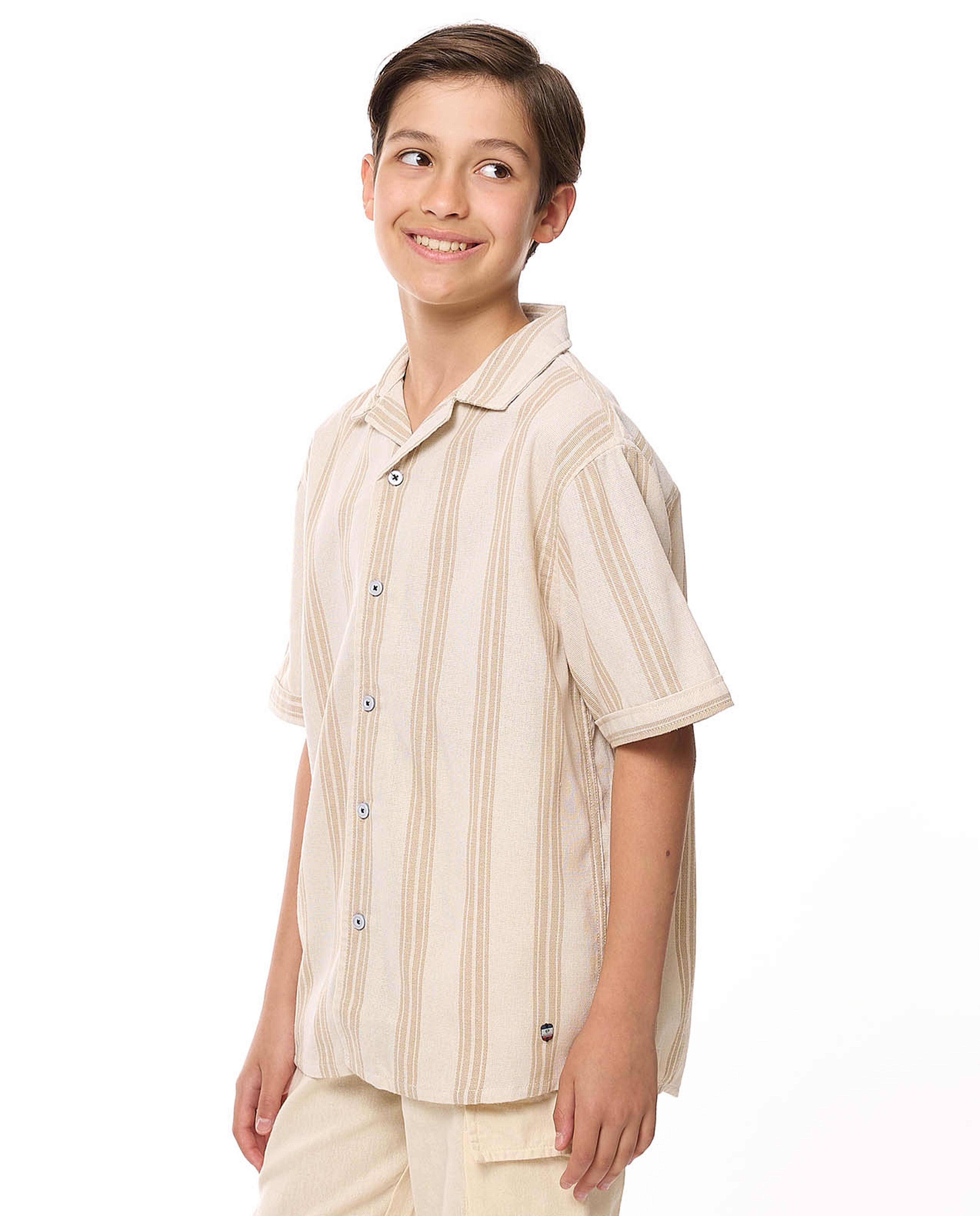 Striped Shirt with Revere Collar and Short Sleeves