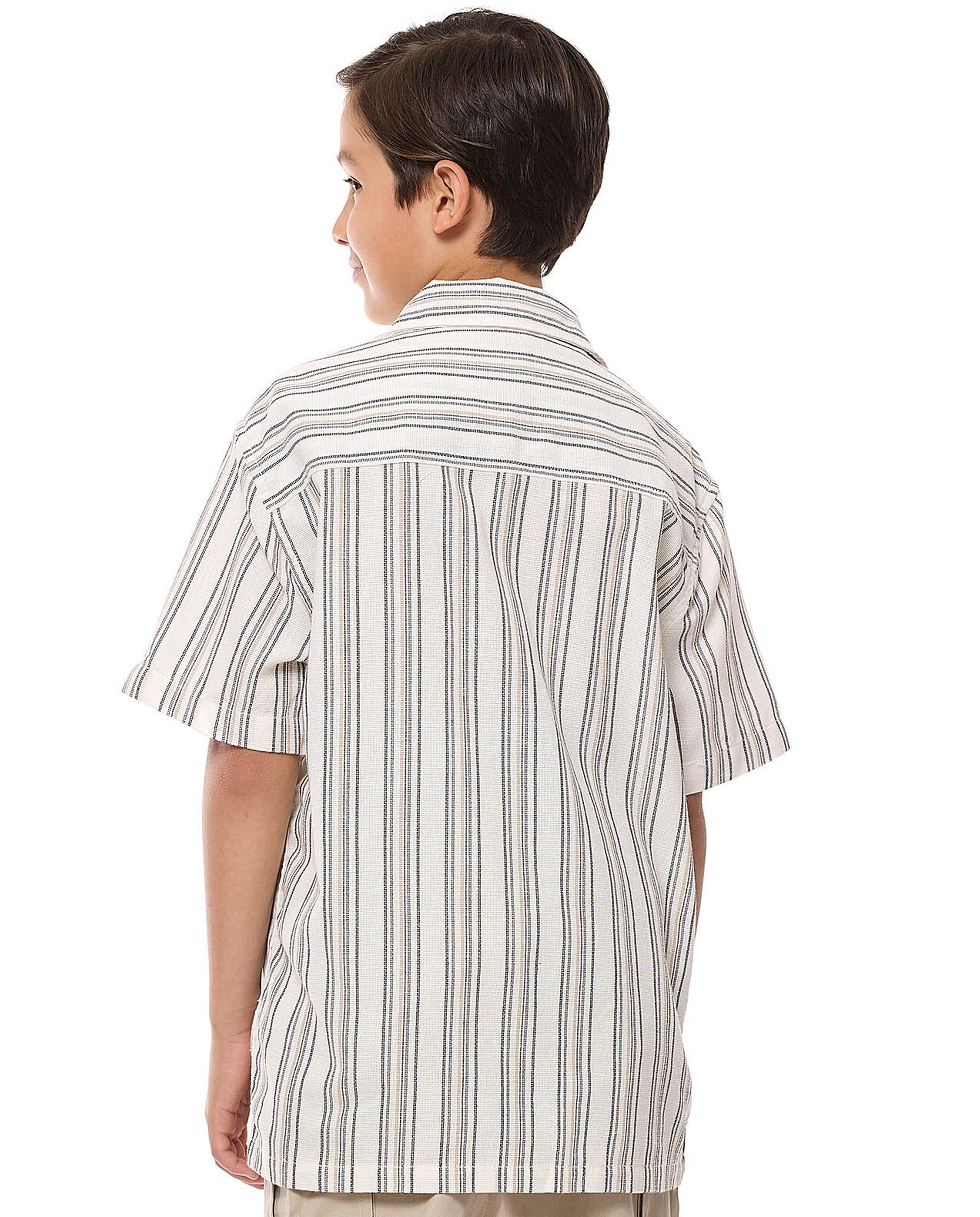 Striped Shirt with Revere Collar and Short Sleeves