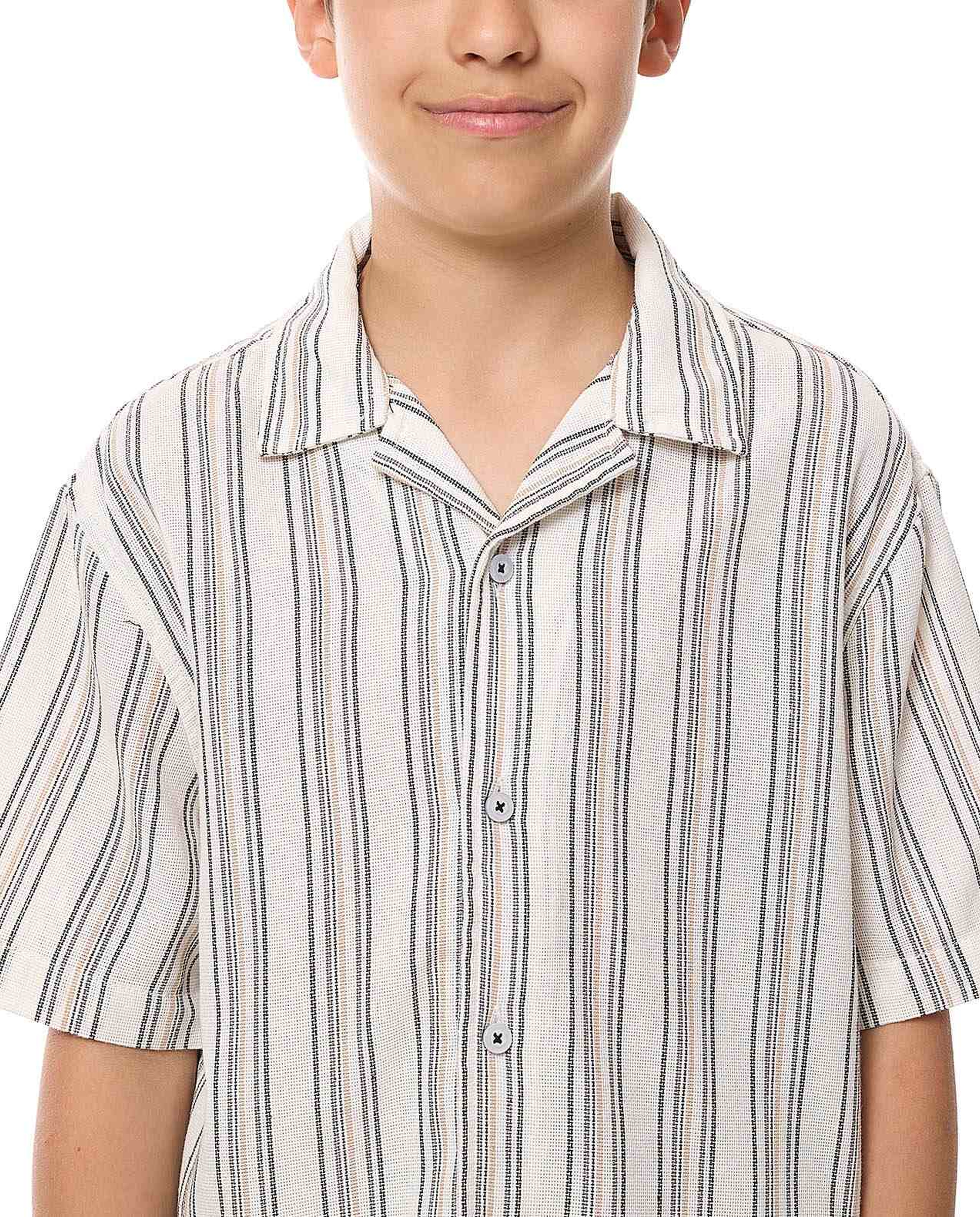 Striped Shirt with Revere Collar and Short Sleeves