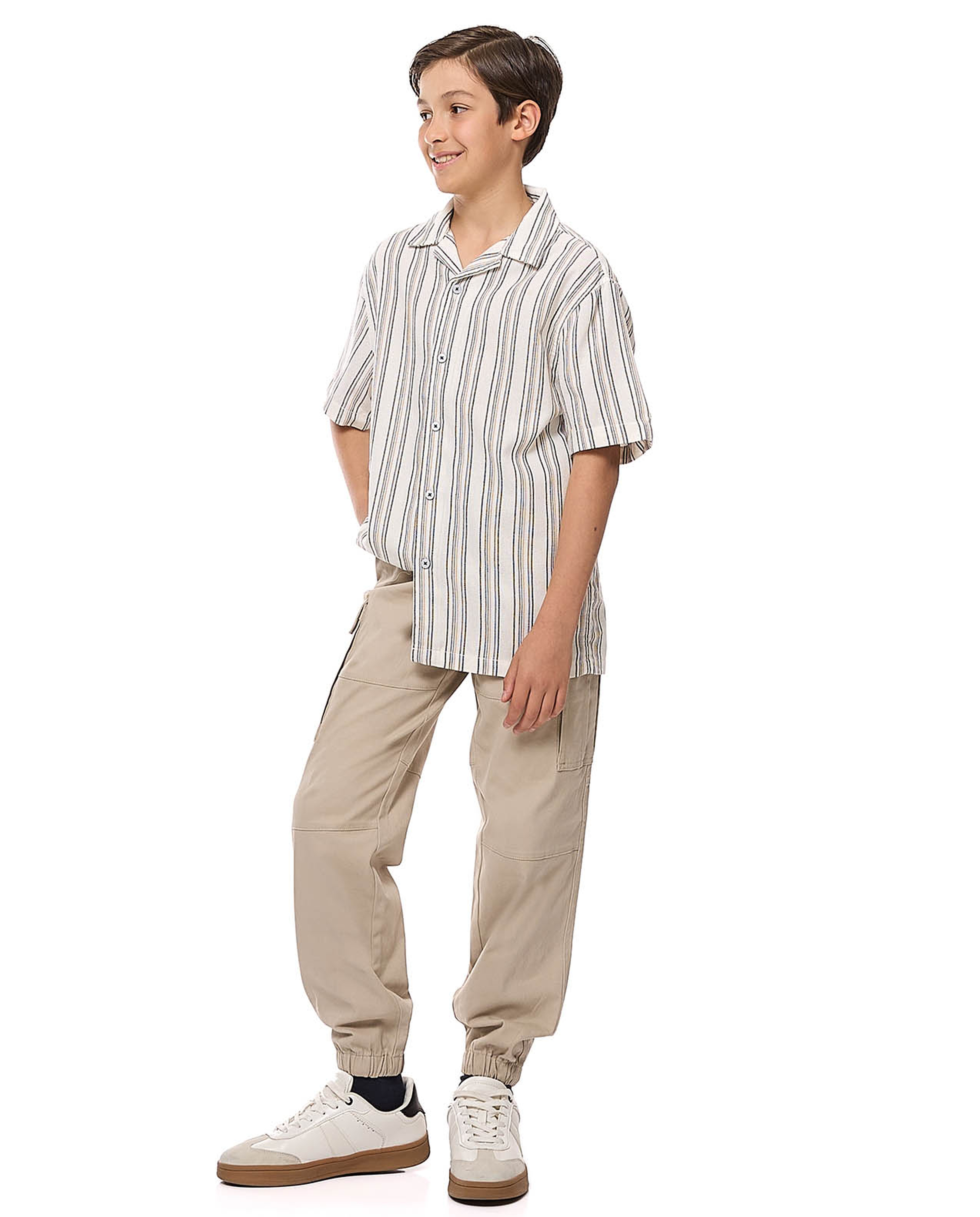 Striped Shirt with Revere Collar and Short Sleeves