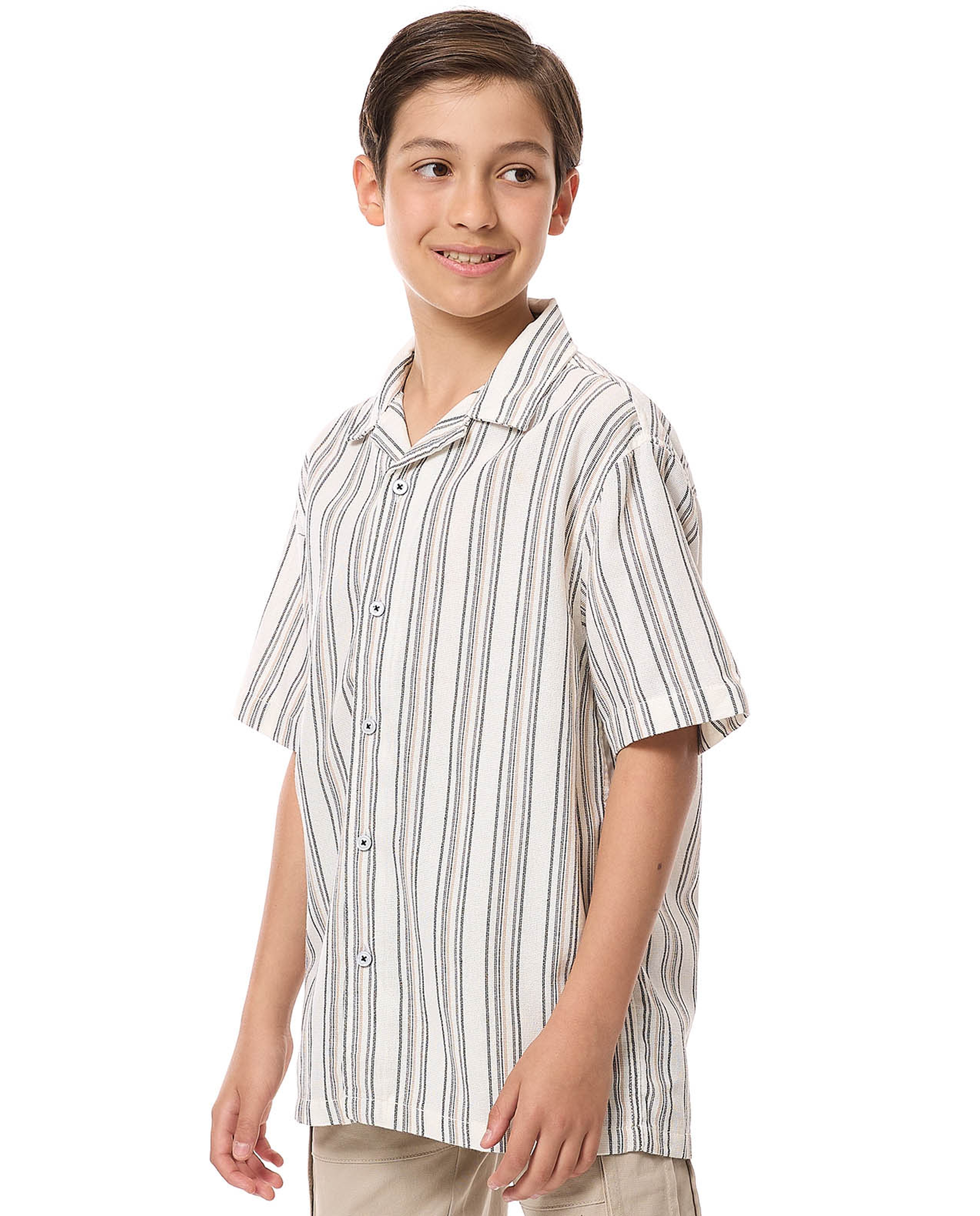Striped Shirt with Revere Collar and Short Sleeves