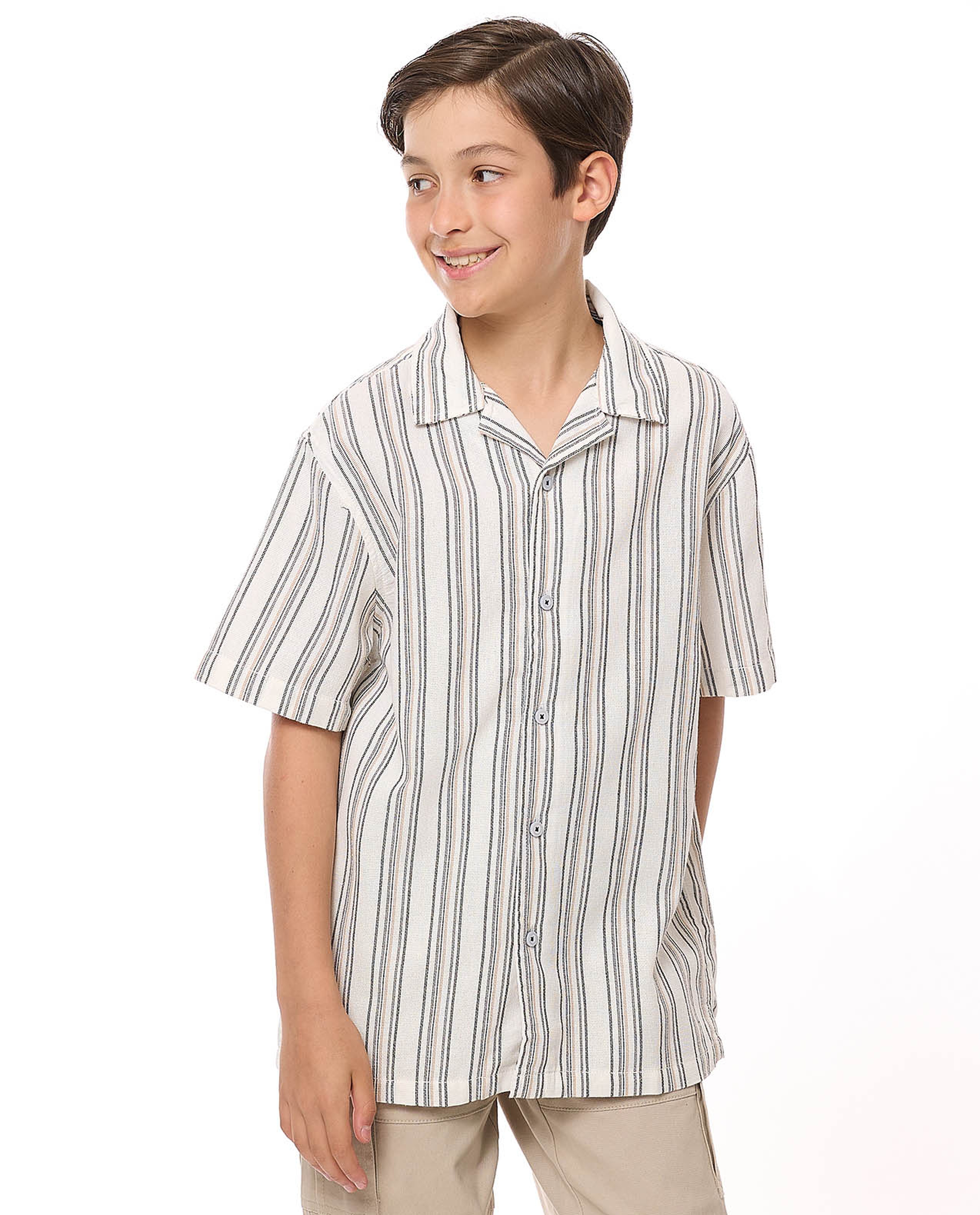 Striped Shirt with Revere Collar and Short Sleeves