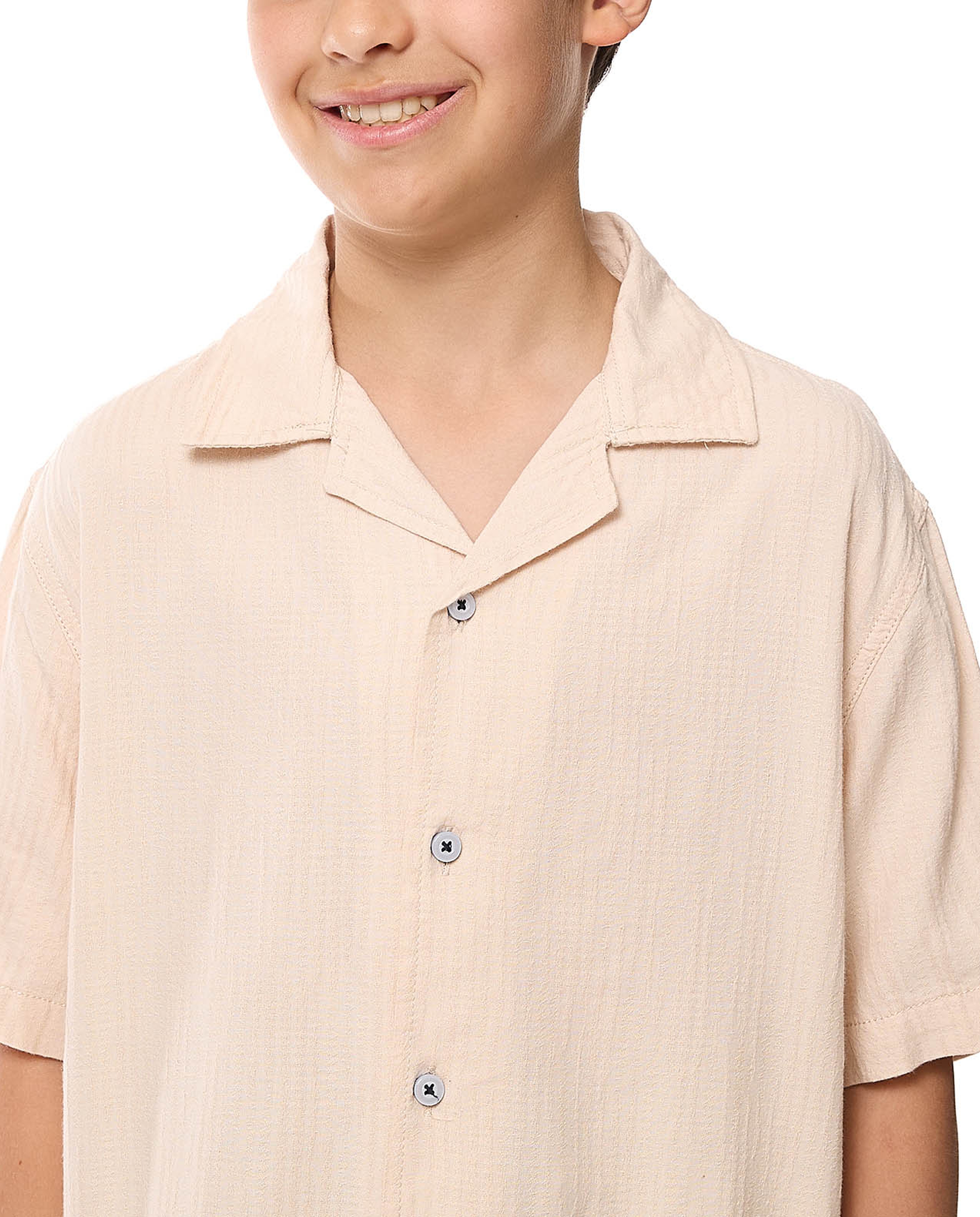 Textured Shirt with Revere Collar and Short Sleeves
