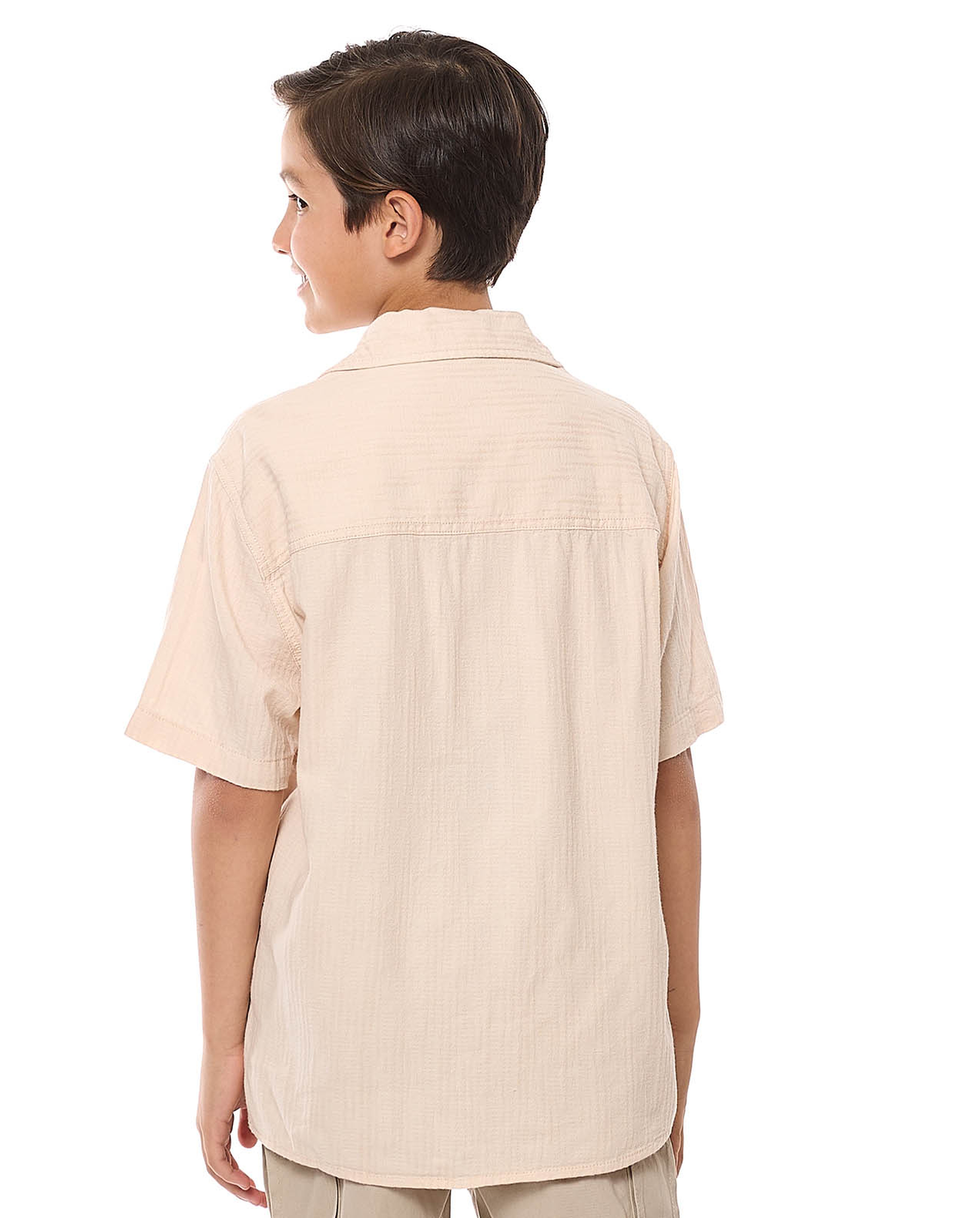Textured Shirt with Revere Collar and Short Sleeves