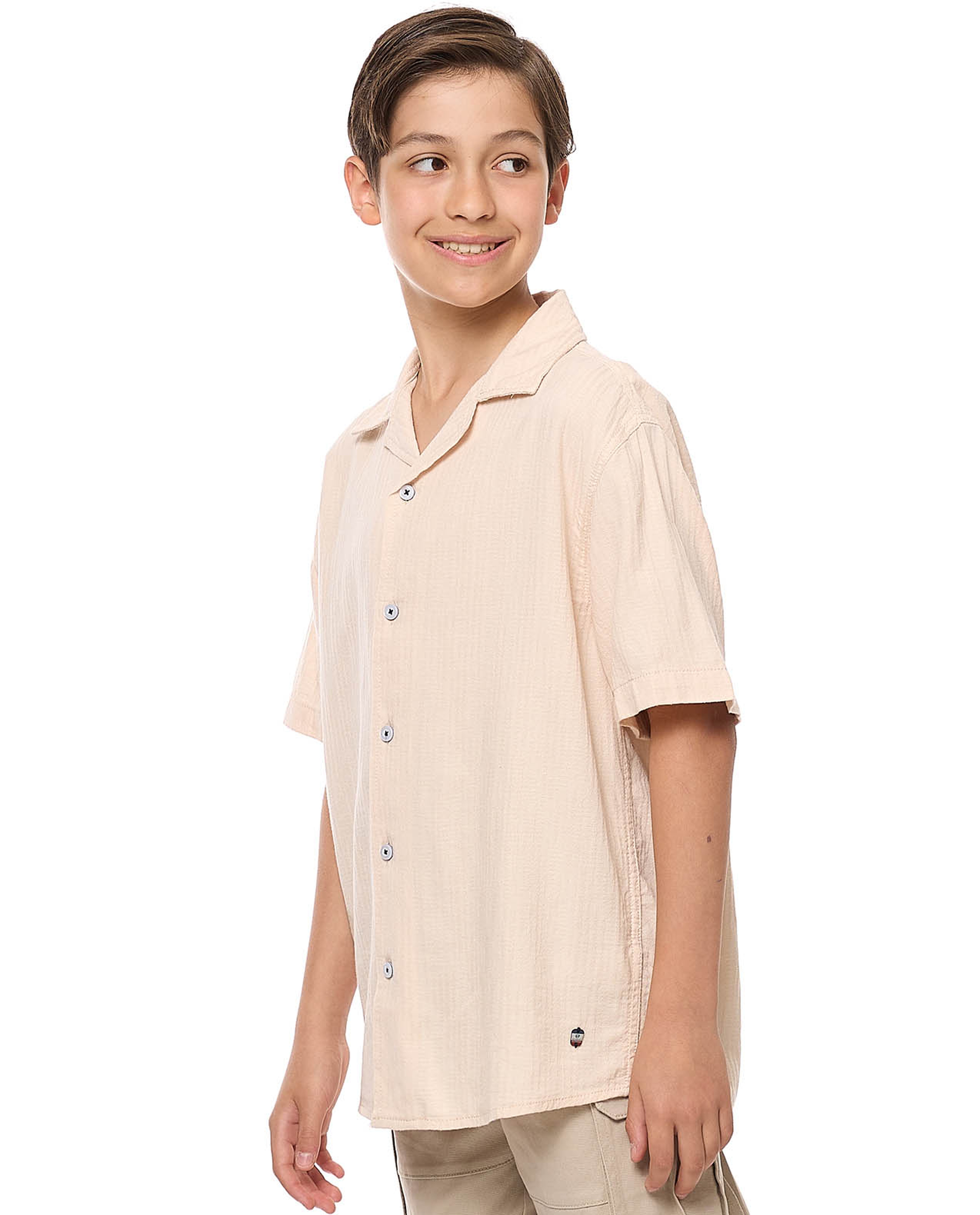 Textured Shirt with Revere Collar and Short Sleeves