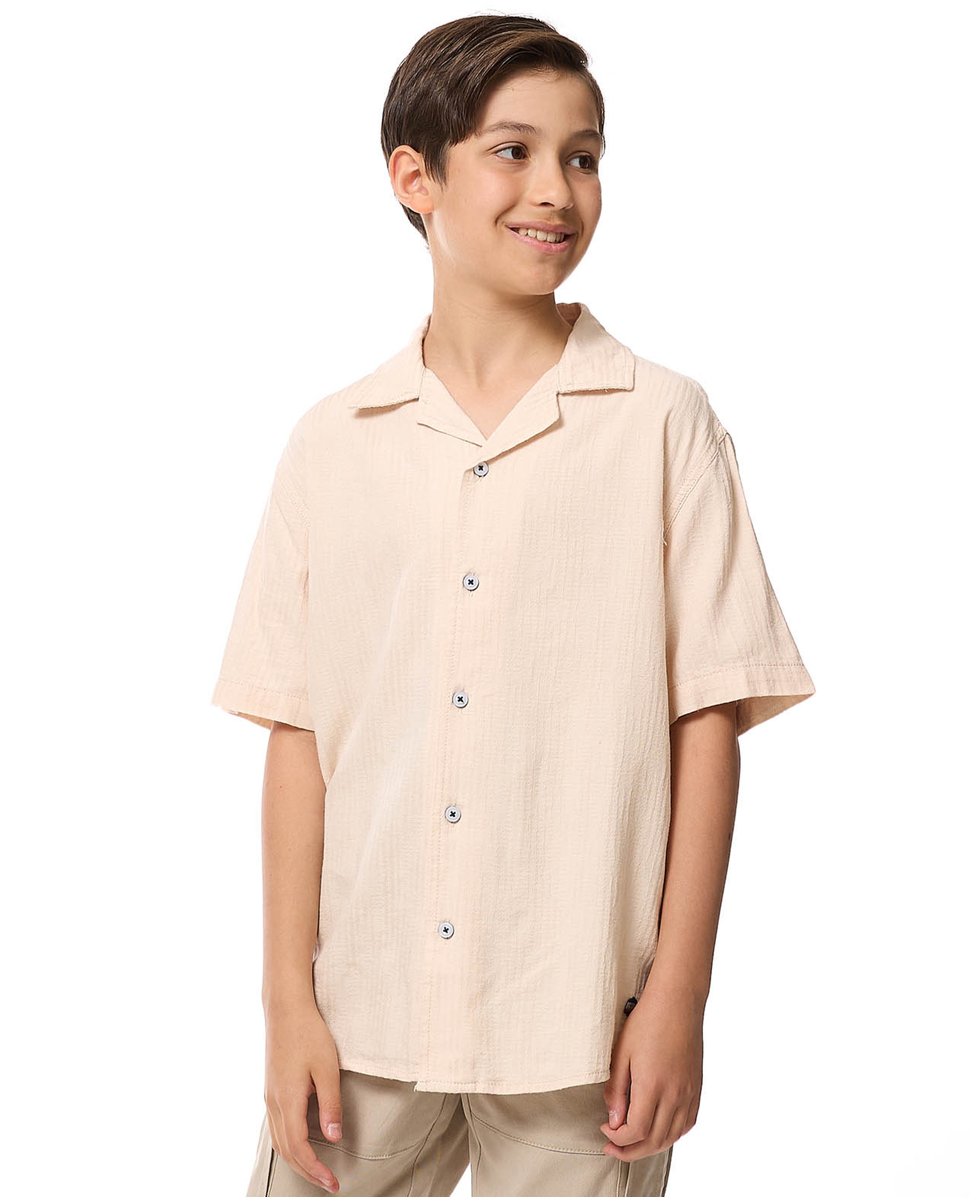 Textured Shirt with Revere Collar and Short Sleeves