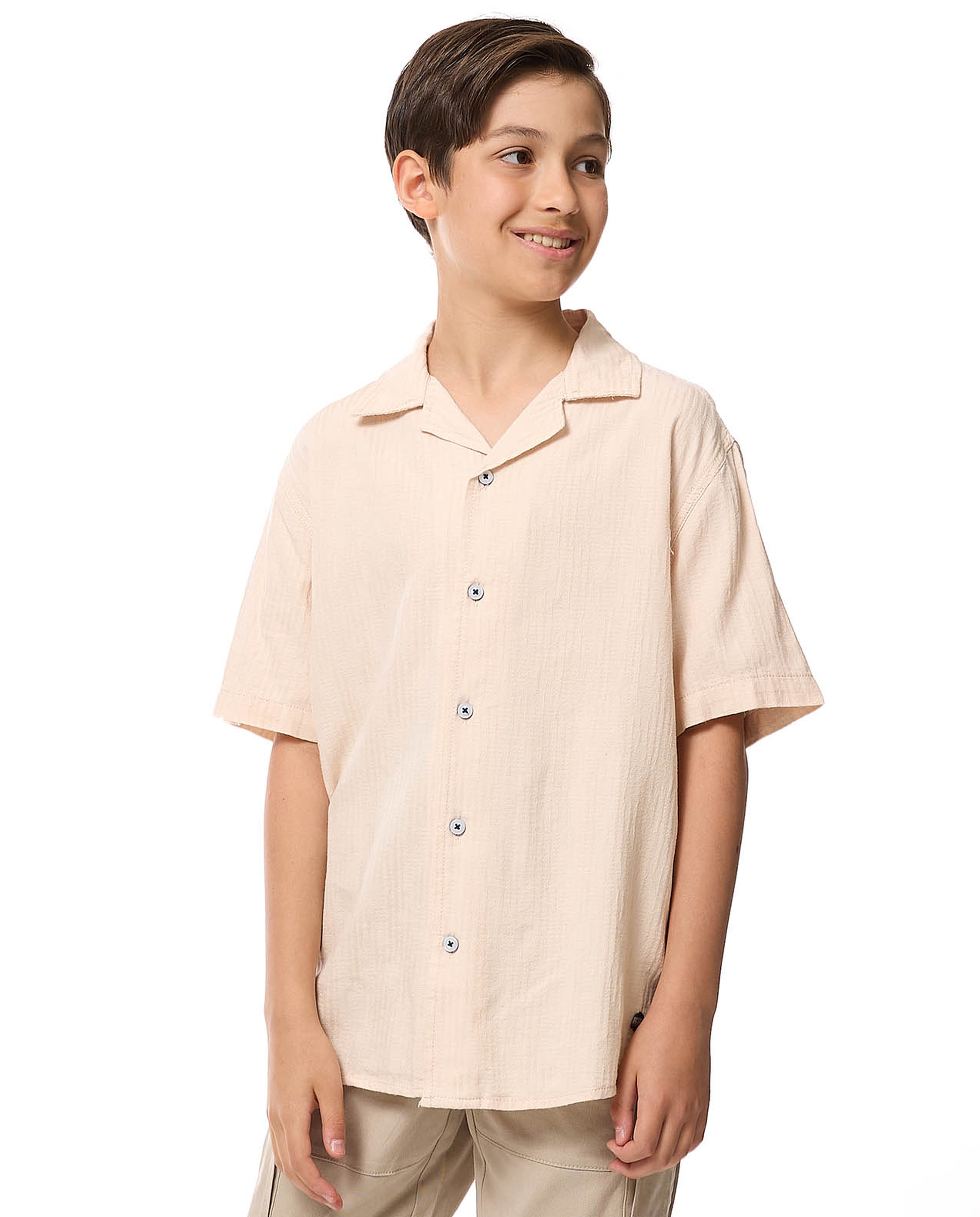 Textured Shirt with Revere Collar and Short Sleeves
