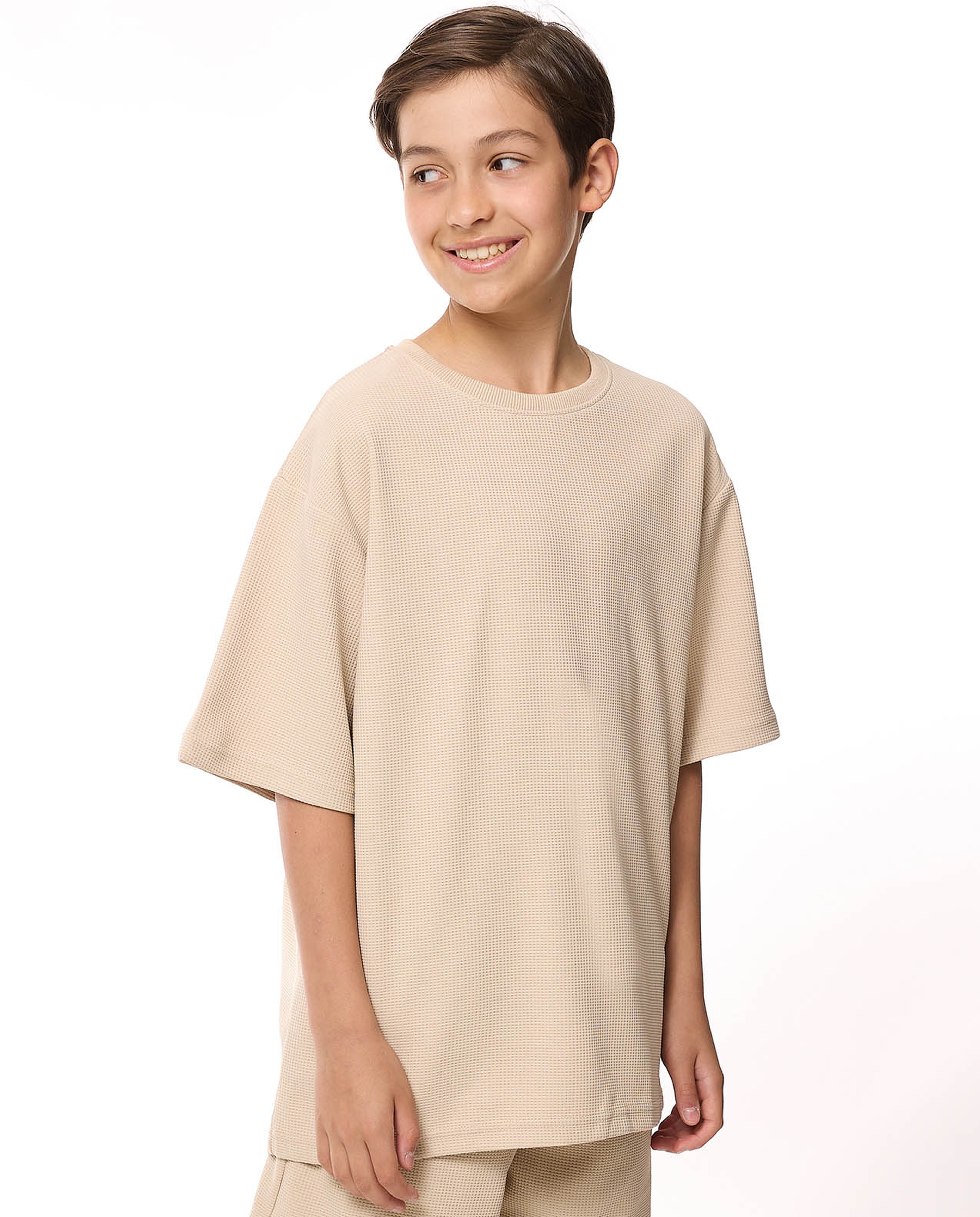 Textured Oversized T-Shirt with Crew Neck and Short Sleeves