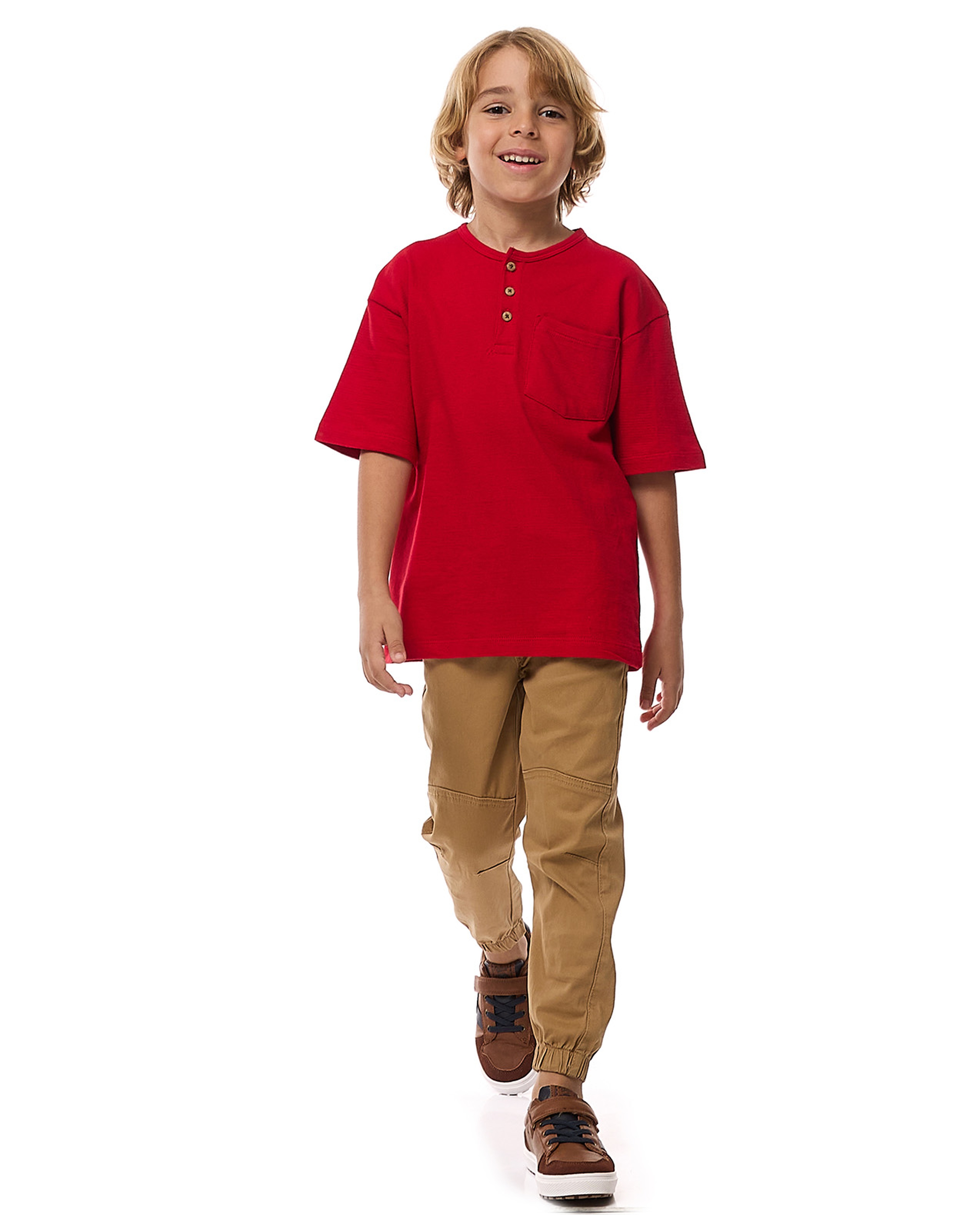 Textured T-Shirt With Henley Neck And Short Sleeves