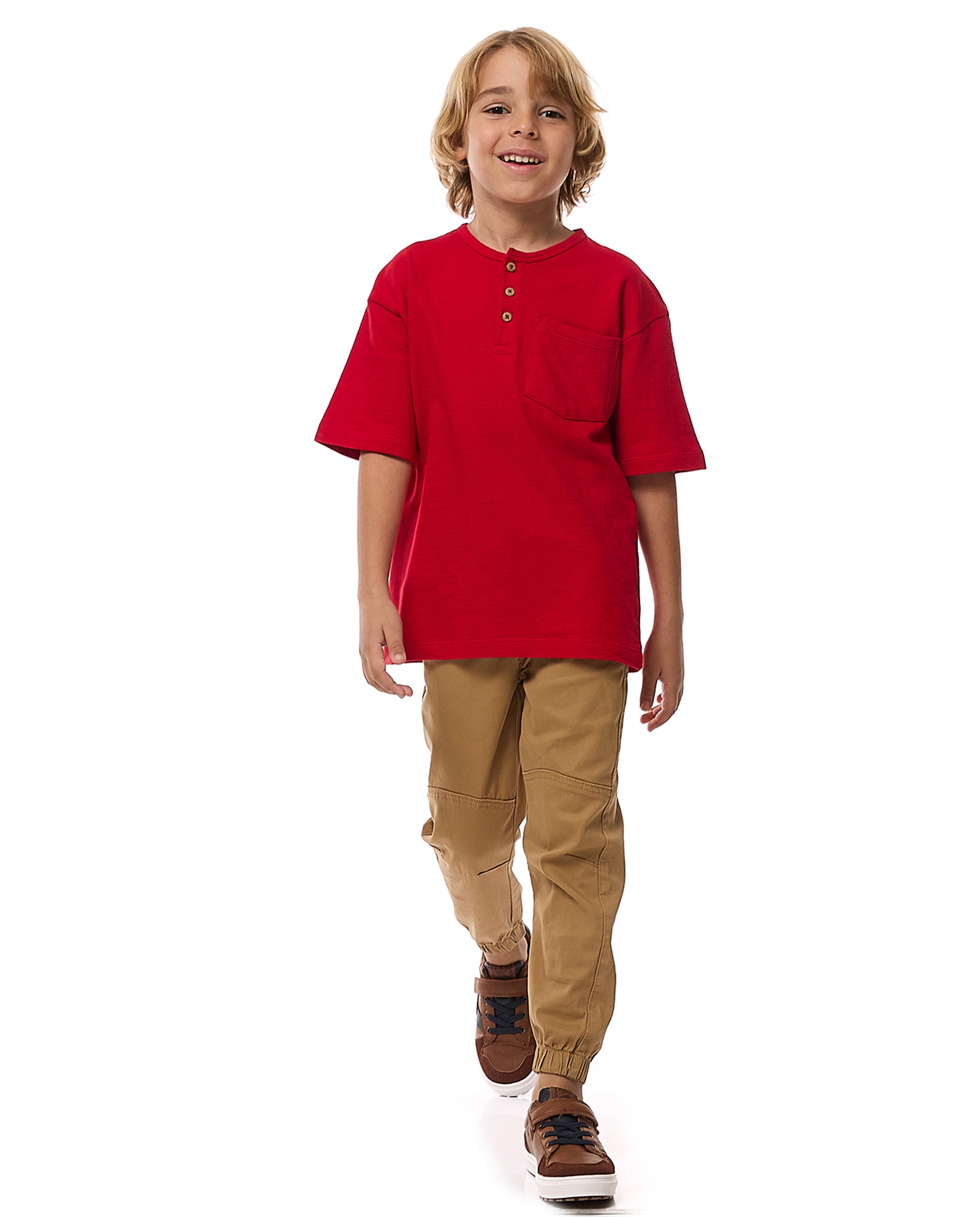 Textured T-Shirt With Henley Neck And Short Sleeves