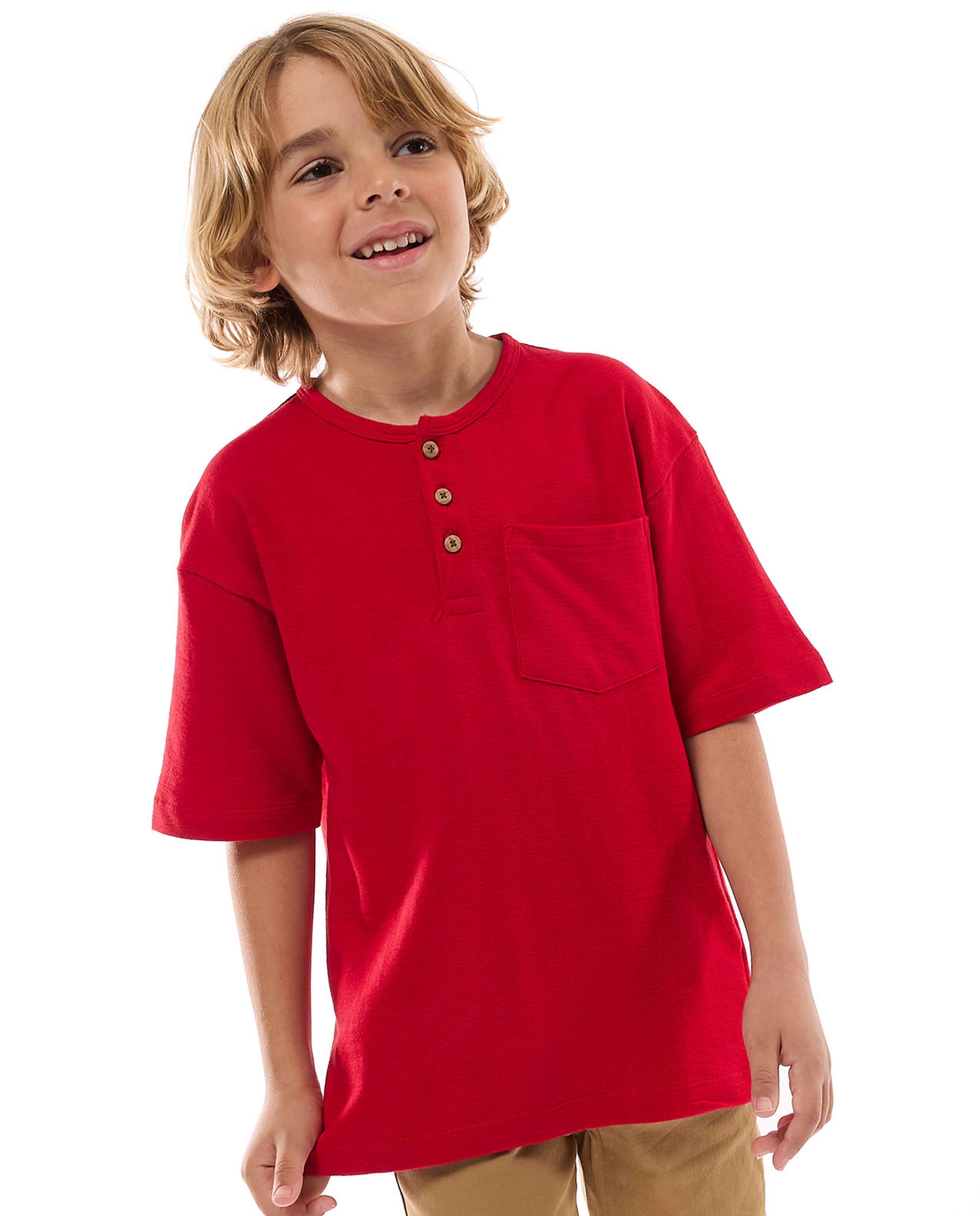 Textured T-Shirt With Henley Neck And Short Sleeves