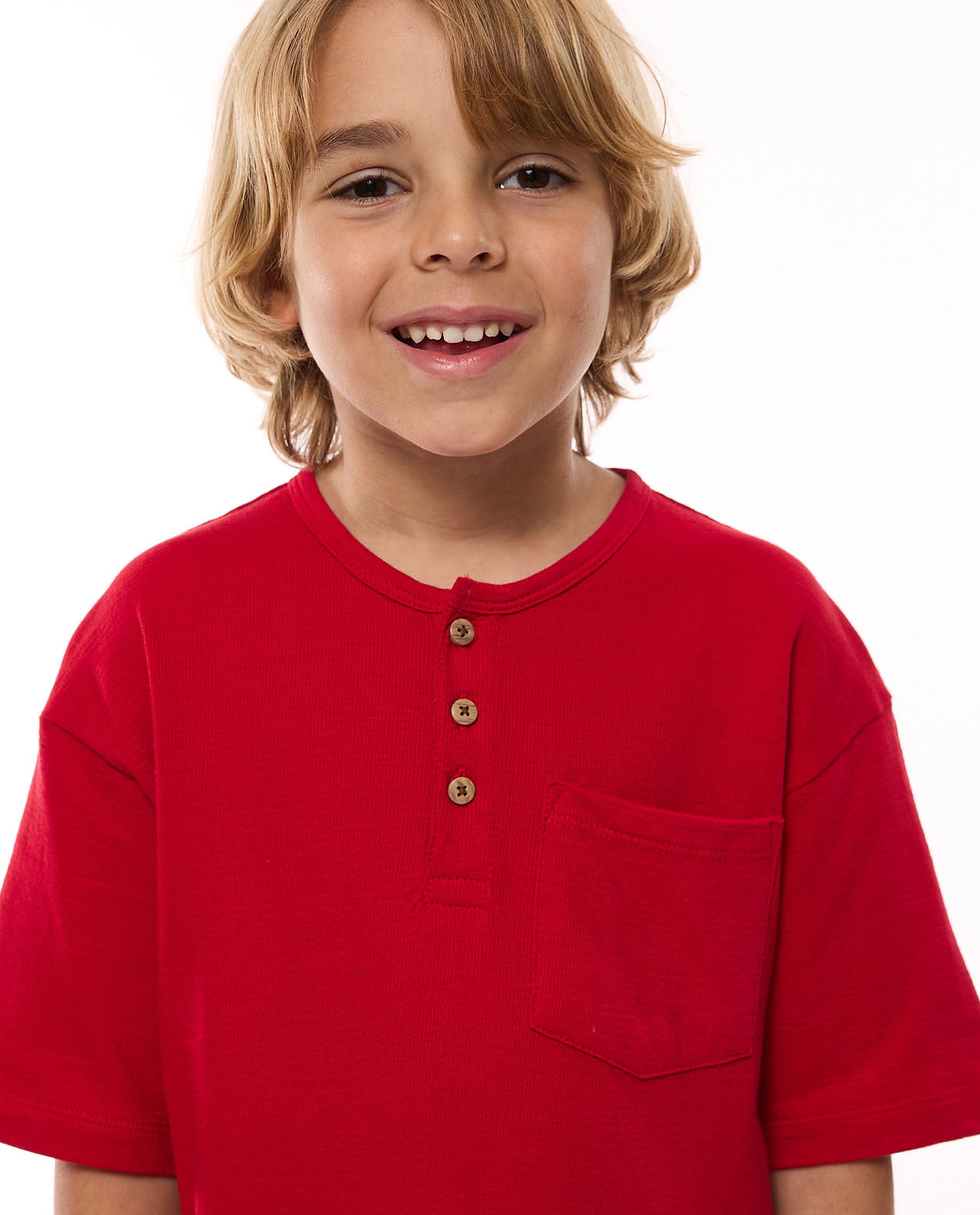 Textured T-Shirt With Henley Neck And Short Sleeves