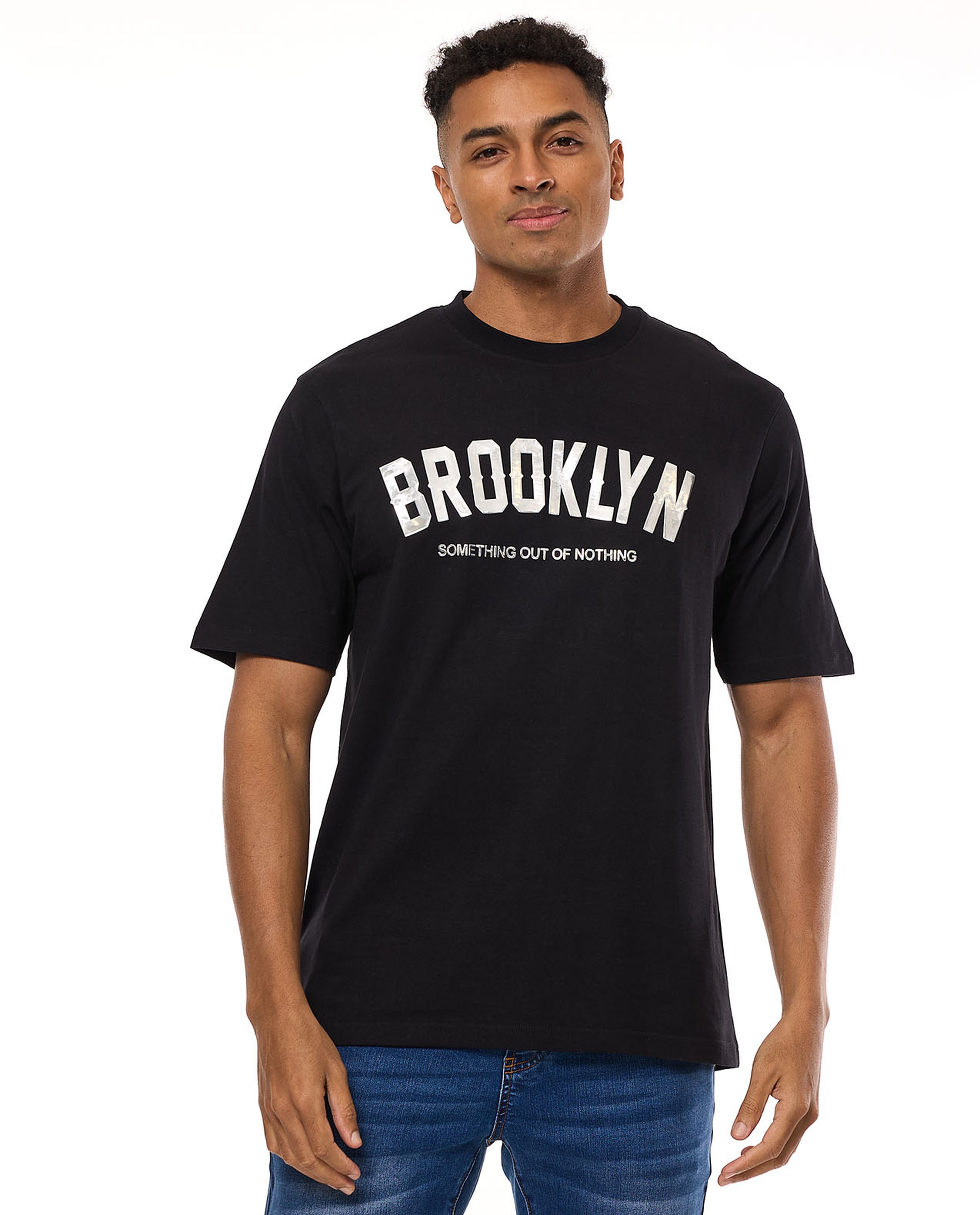 Typography Print T-Shirt with Crew Neck and Short Sleeves