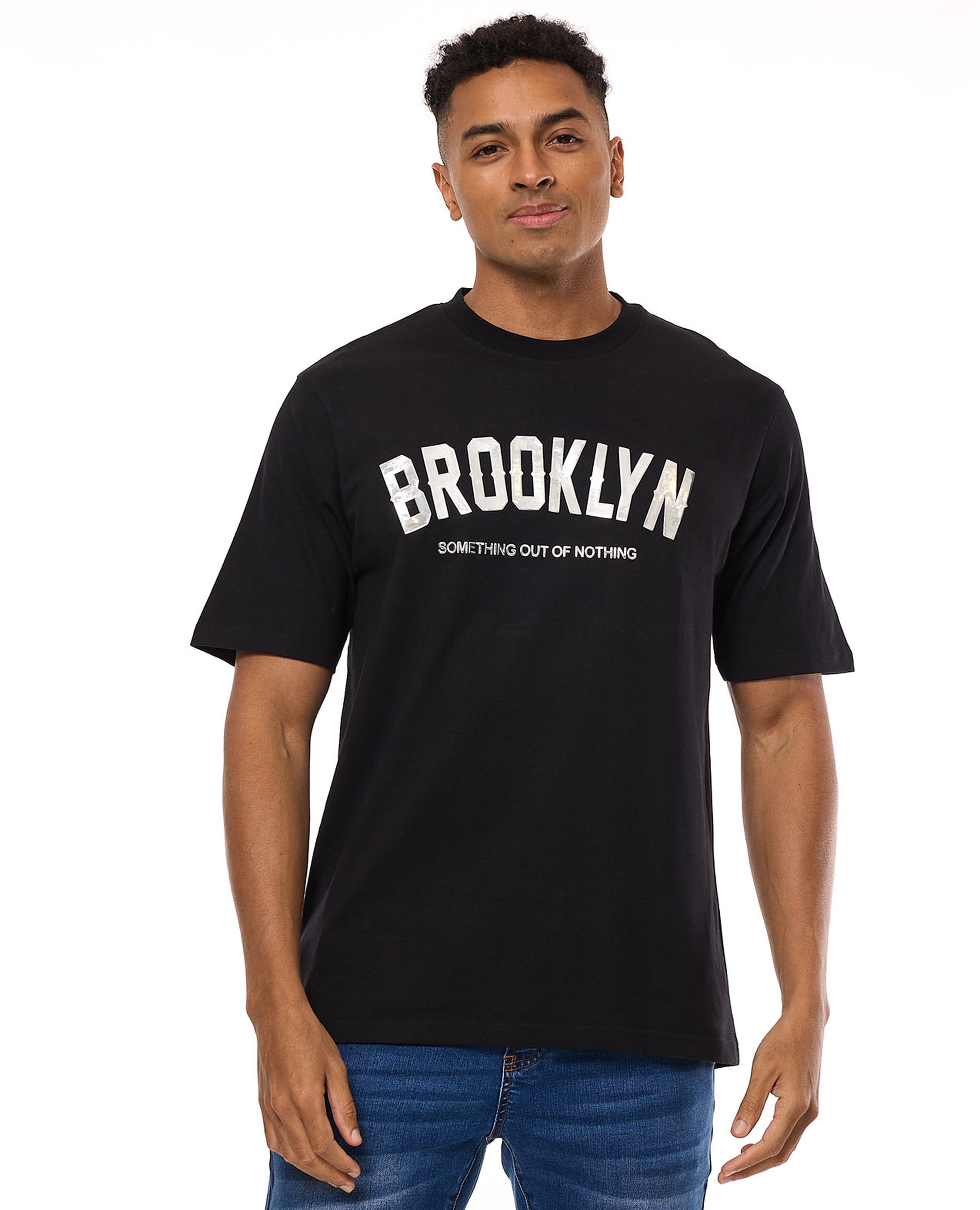 Typography Print T-Shirt with Crew Neck and Short Sleeves