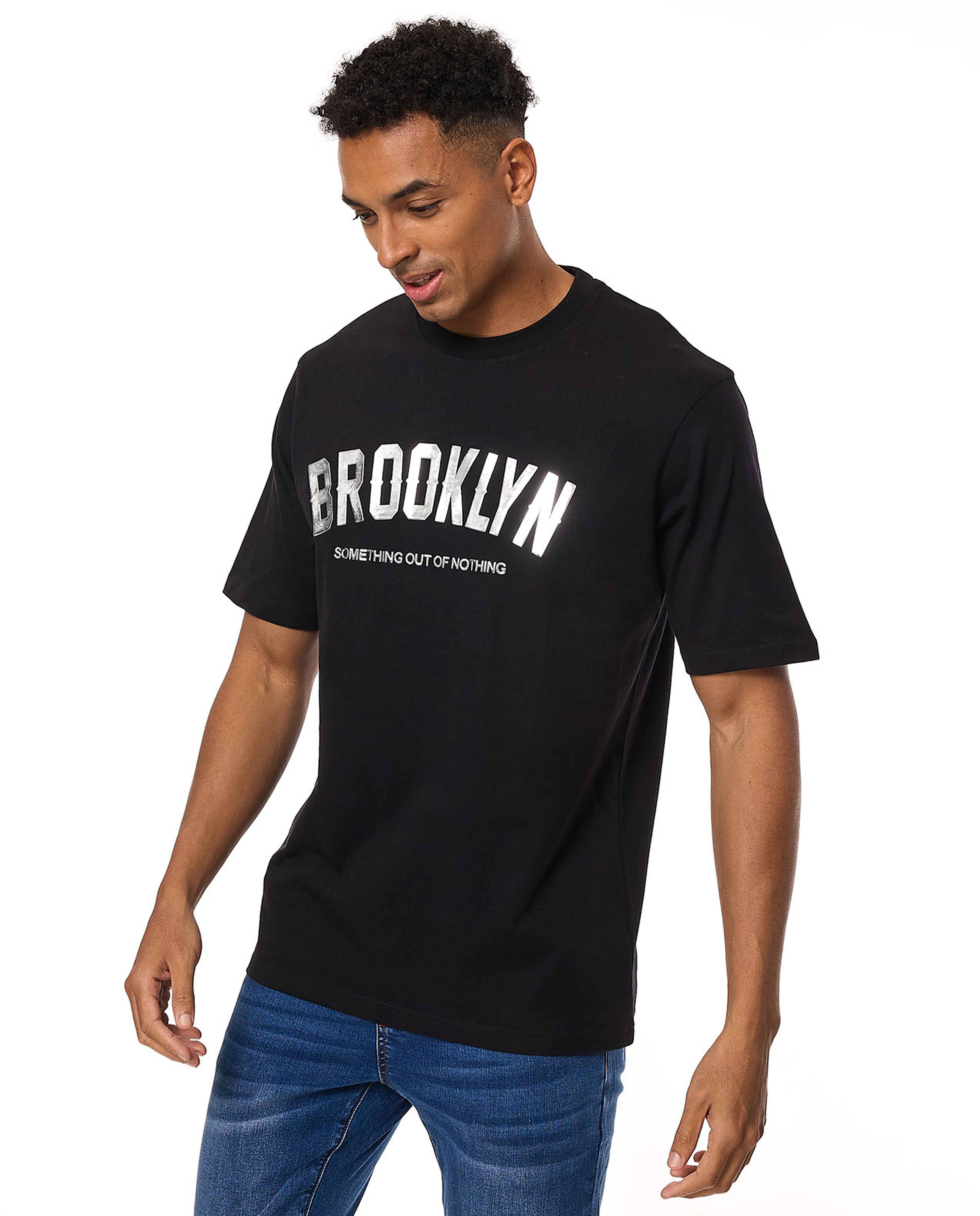 Typography Print T-Shirt with Crew Neck and Short Sleeves