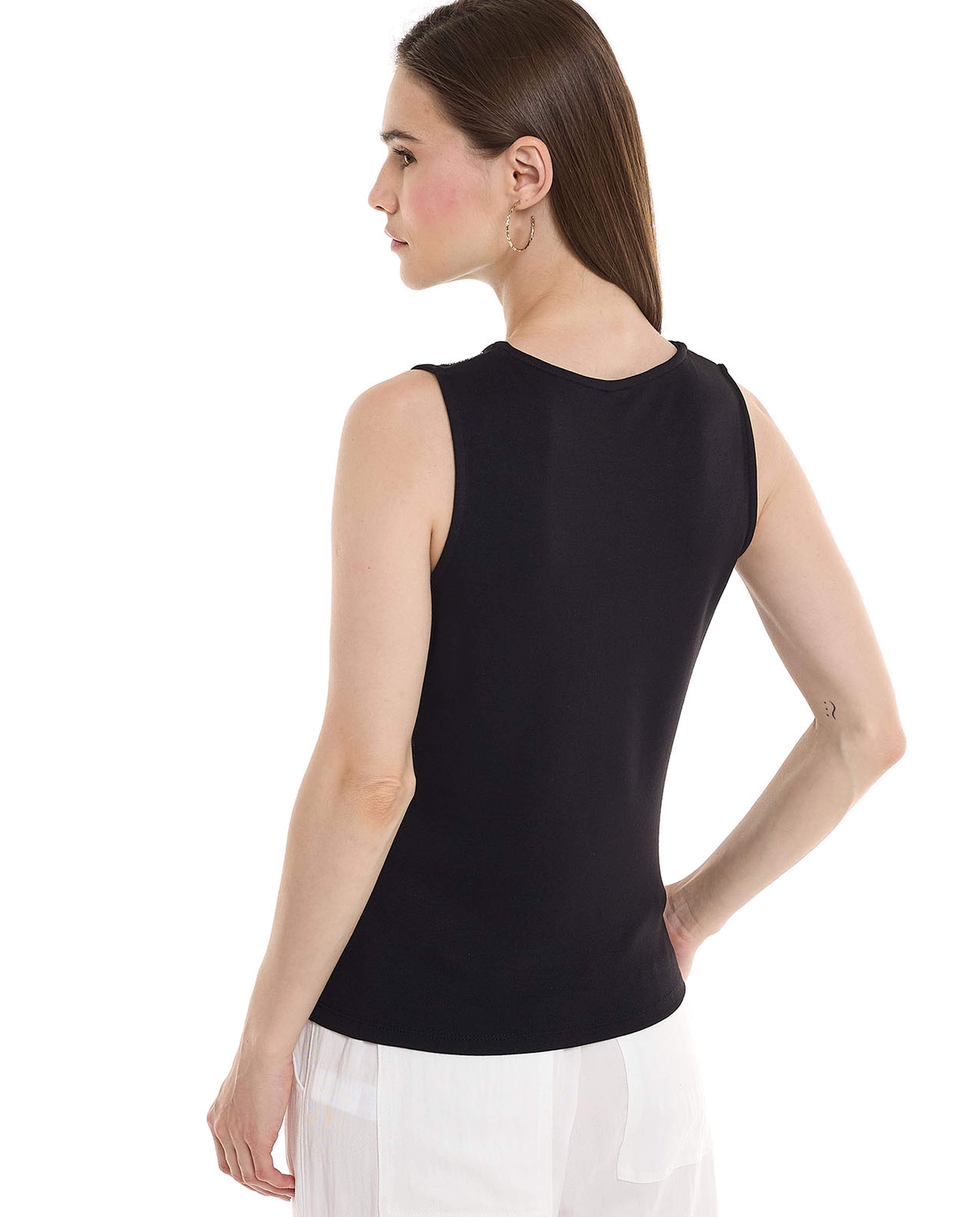 Embellished Sleeveless Top with Round Neck