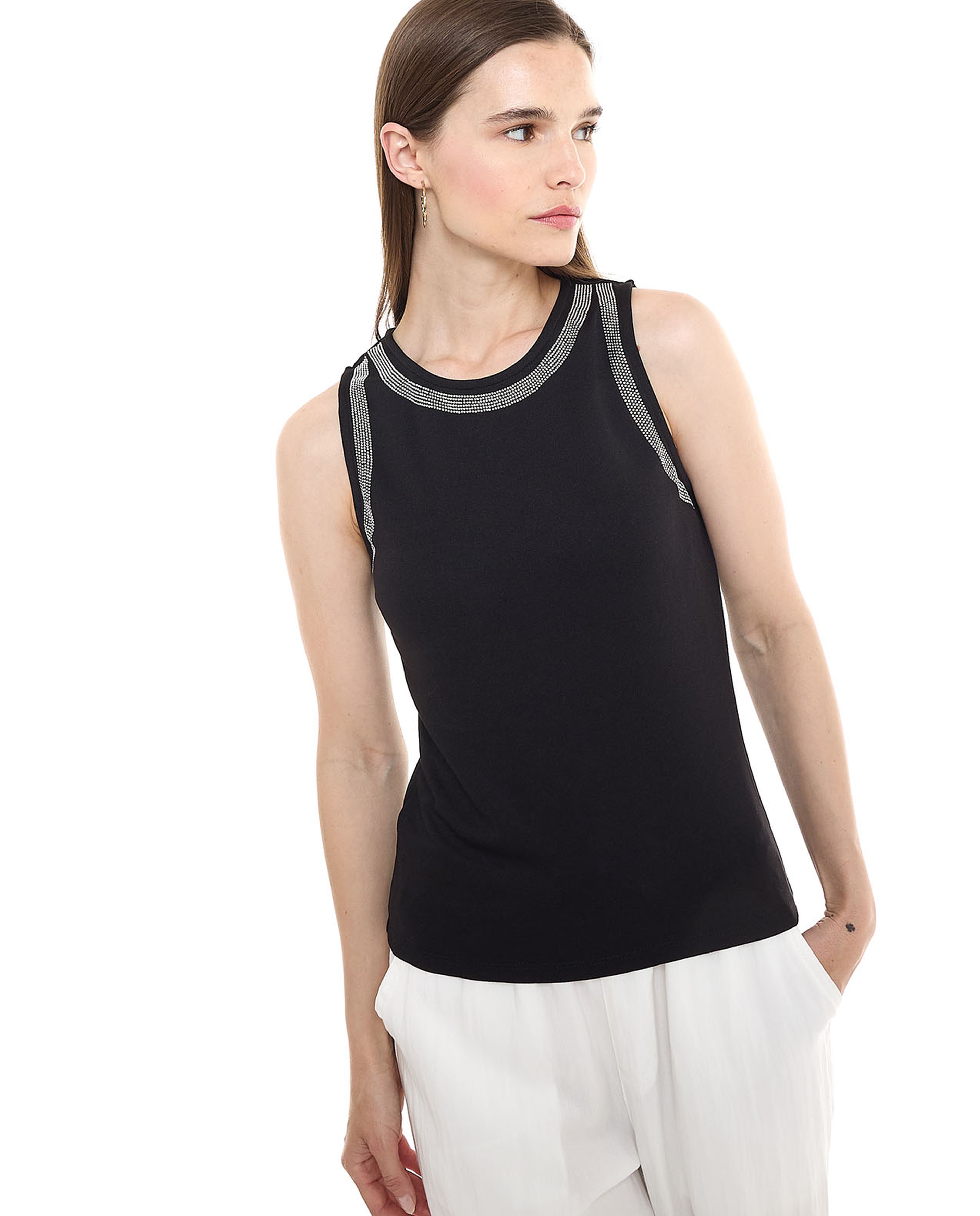 Embellished Sleeveless Top with Round Neck