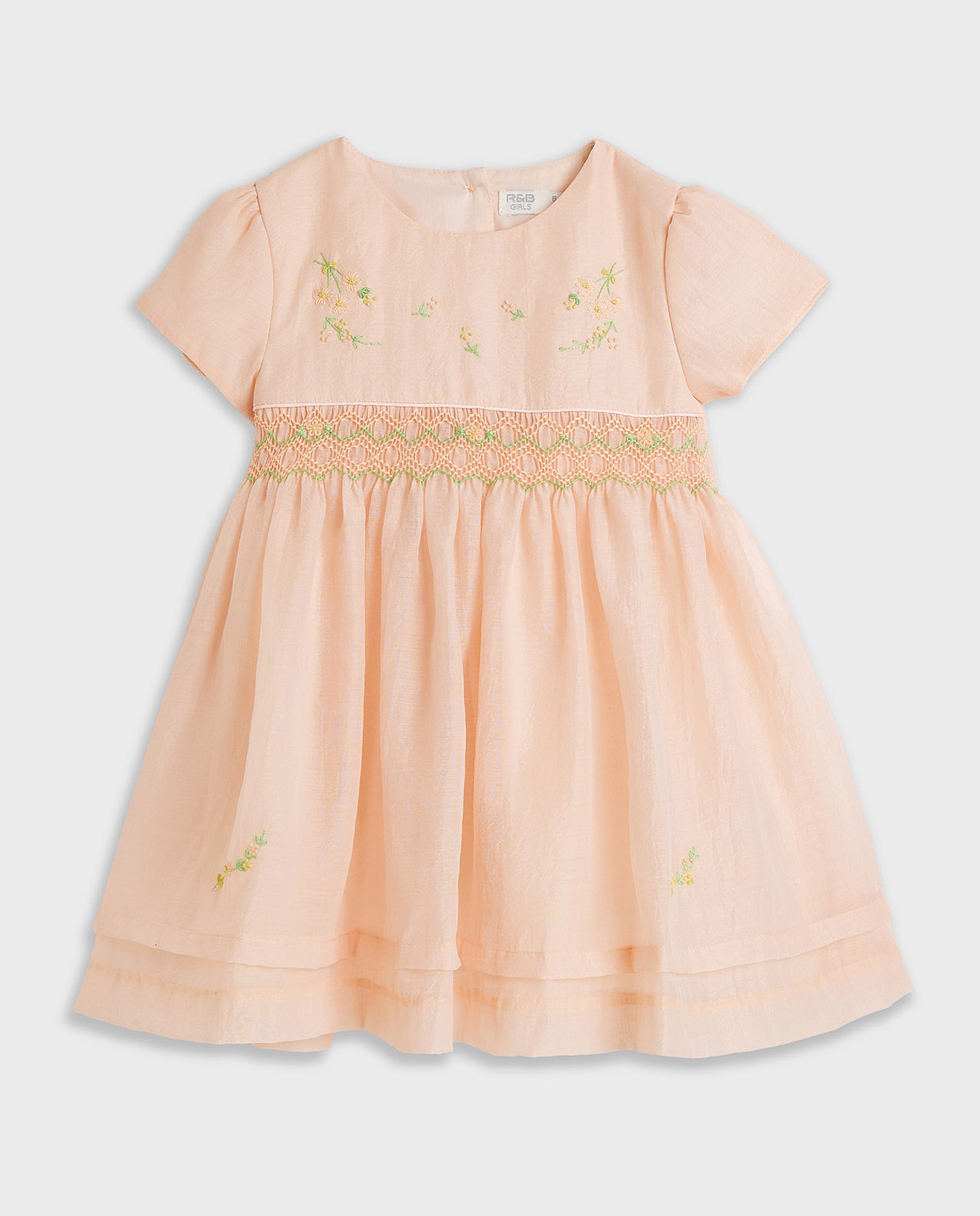 Embroidered Flared Dress with Round Neck and Cap Sleeves