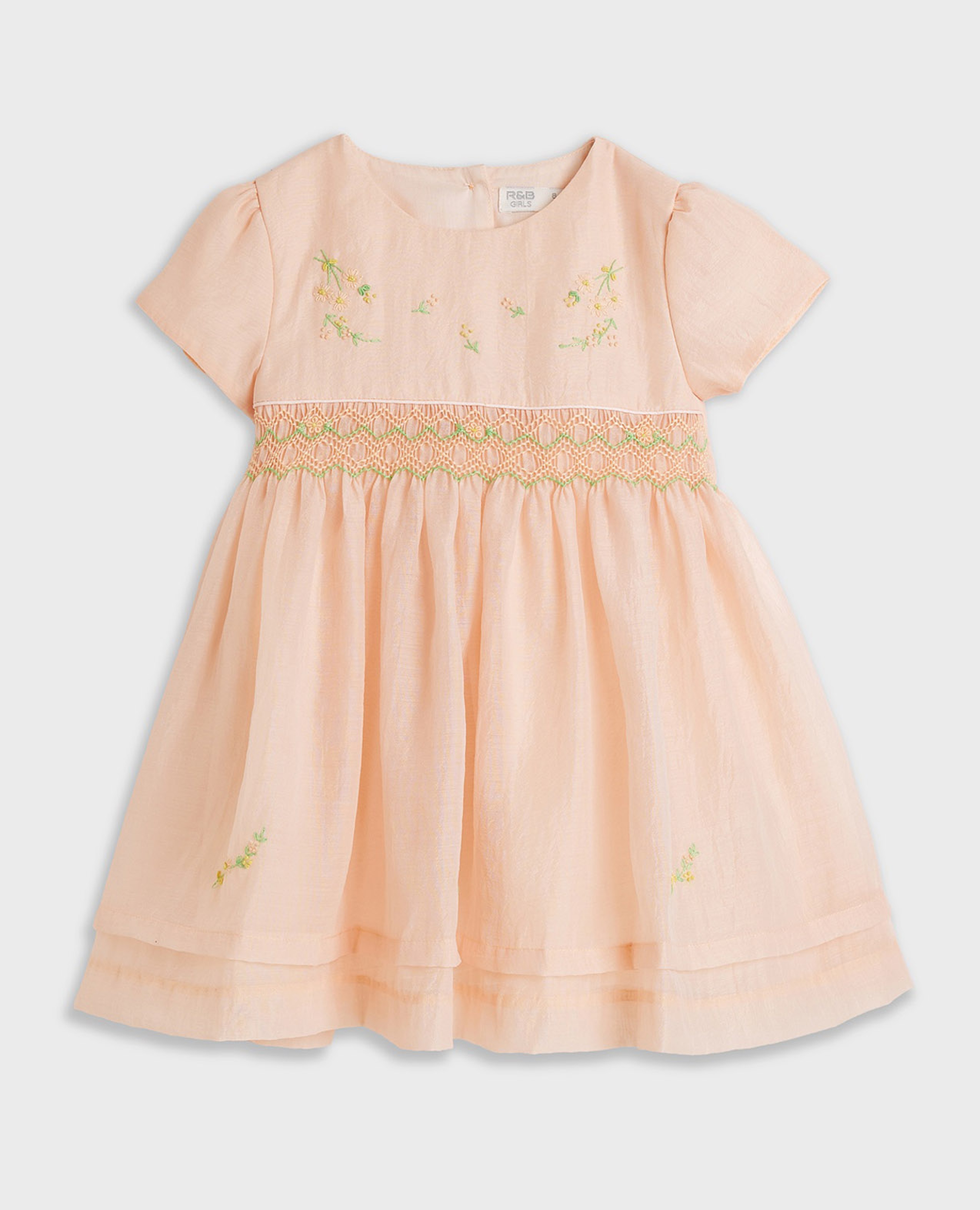 Embroidered Flared Dress with Round Neck and Cap Sleeves