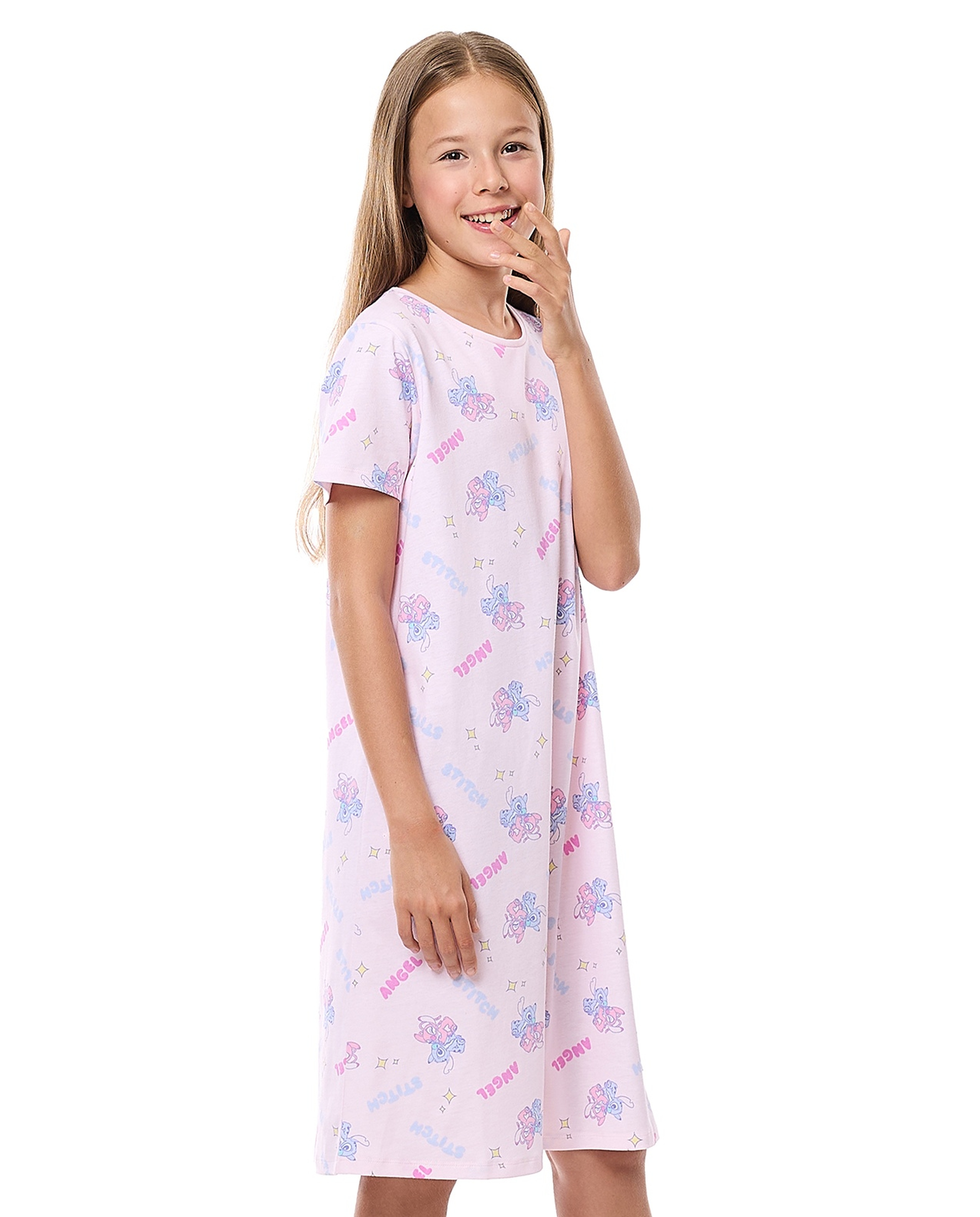 Printed Nightdress with Crew Neck and Short Sleeves