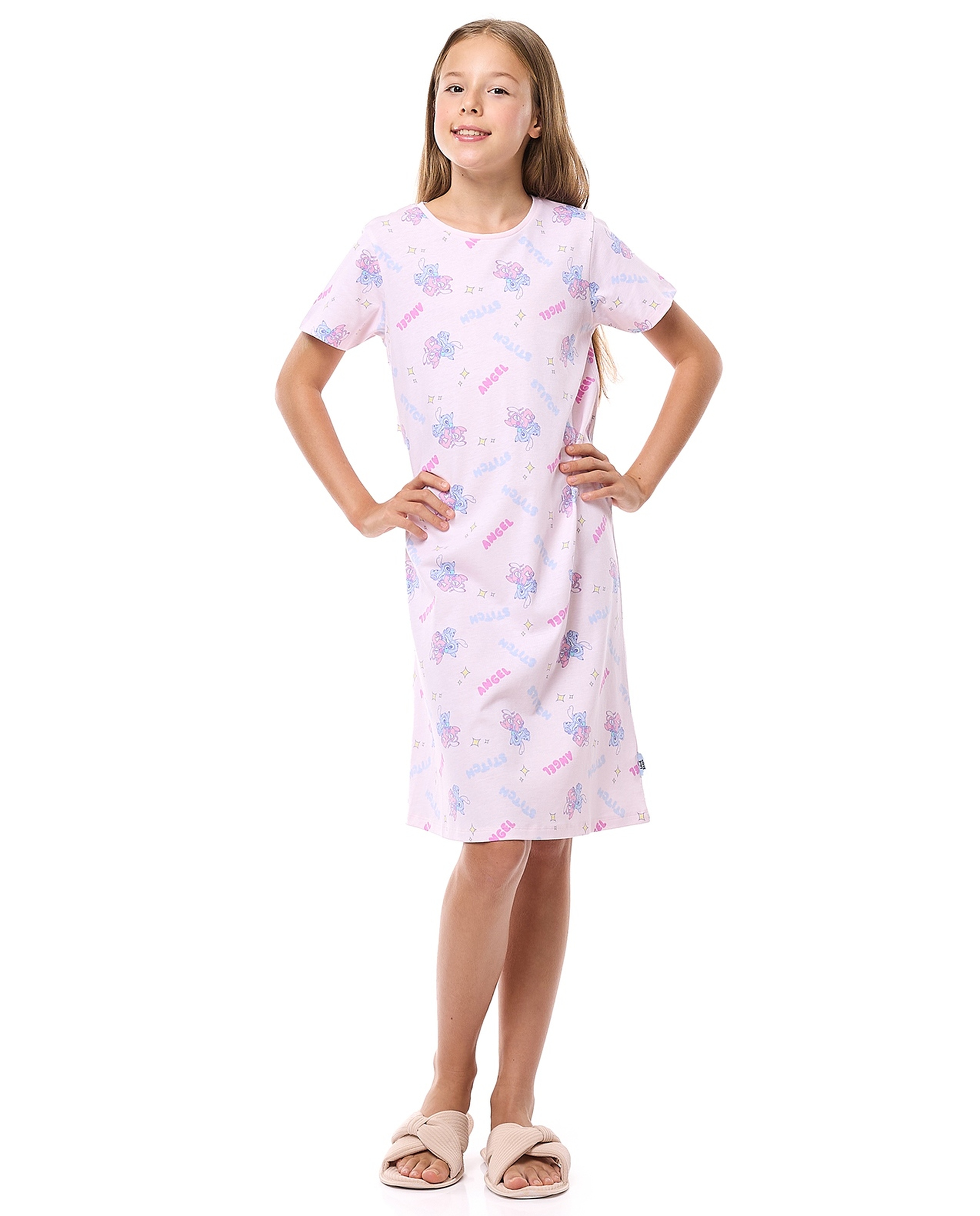 Printed Nightdress with Crew Neck and Short Sleeves