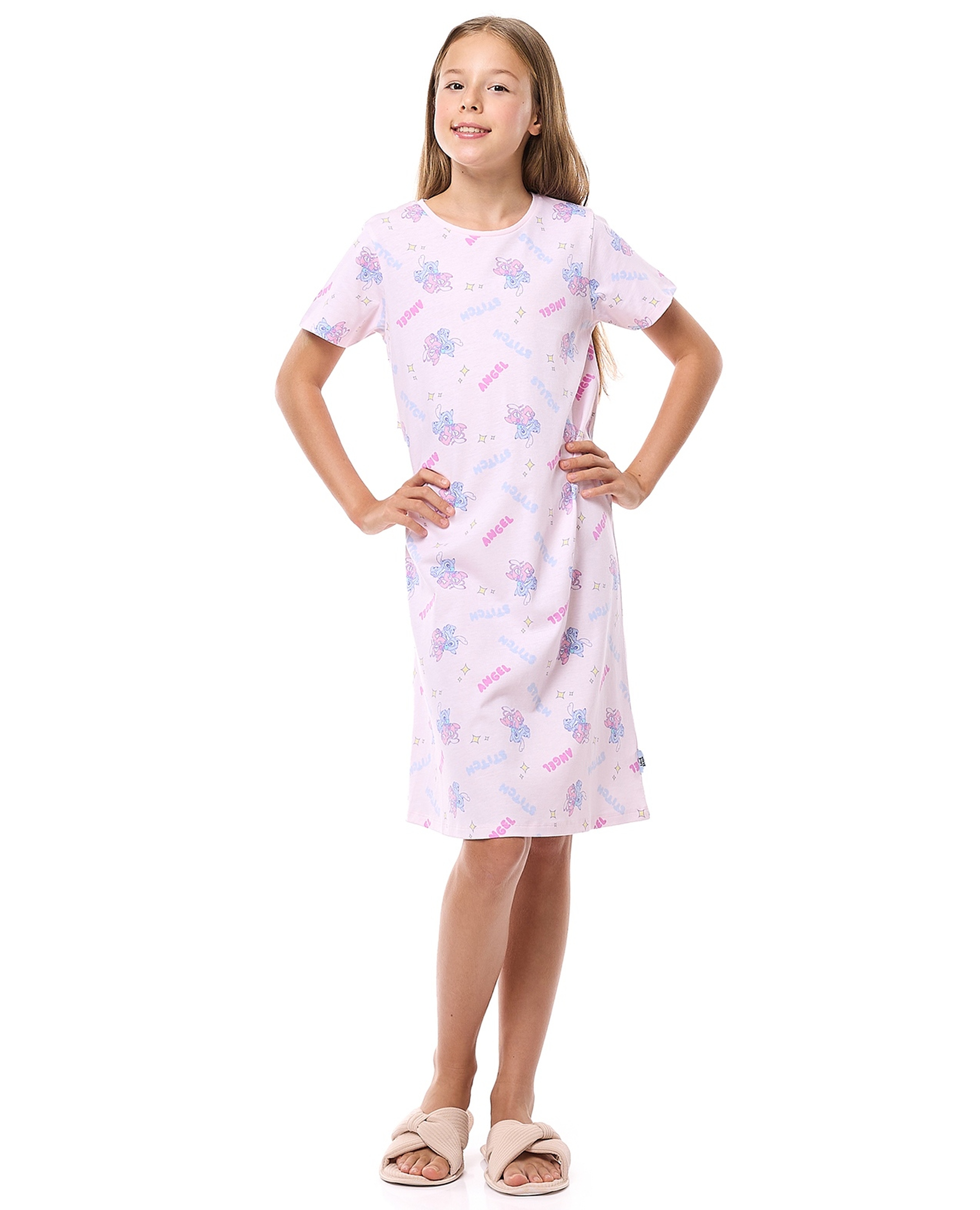 ثوب نوم بطبعة برقبة مستديرة وأكمام قصيرة